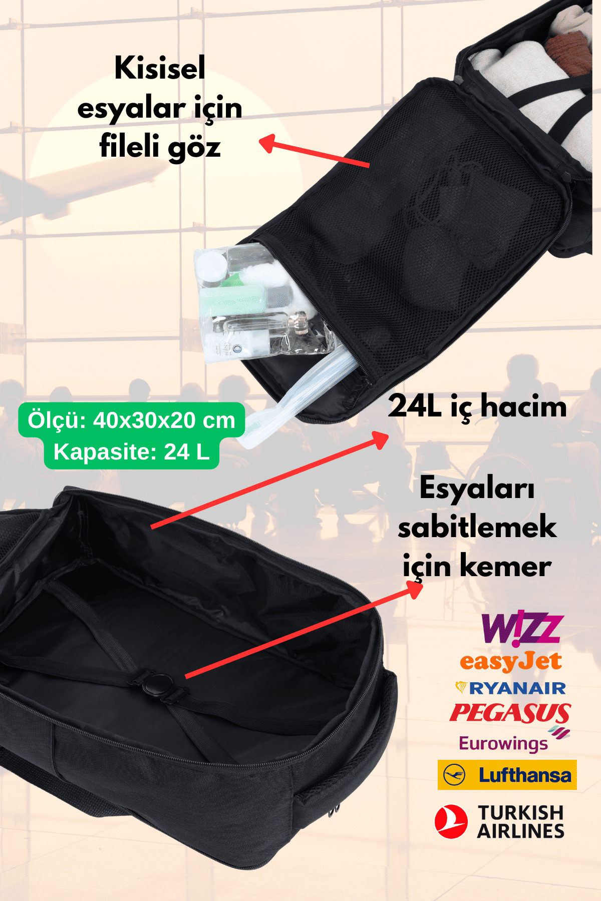 Jet Turtle  Seyahat Sırt Çantası 40cm 40x30x20 cm Pegasus, Wizz Air, Ryanair, El Valizi Koltuk Altı Valizi - Görsel 5