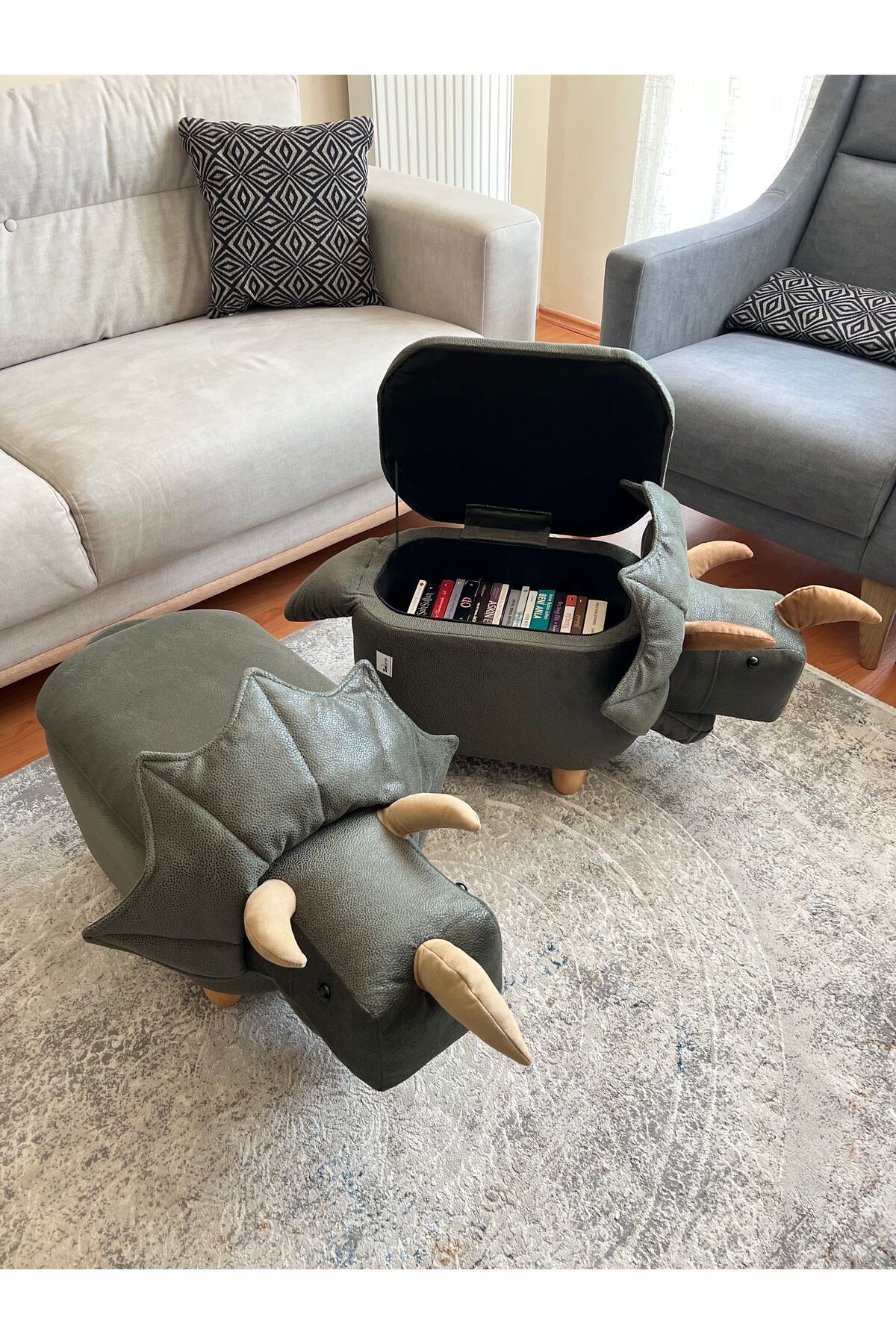 zooturak Organizer Boynuzlu Dinazor Pantos Hayvanlı Puf Çocuk Koltuğu fotoğrafı 2 (önizleme)