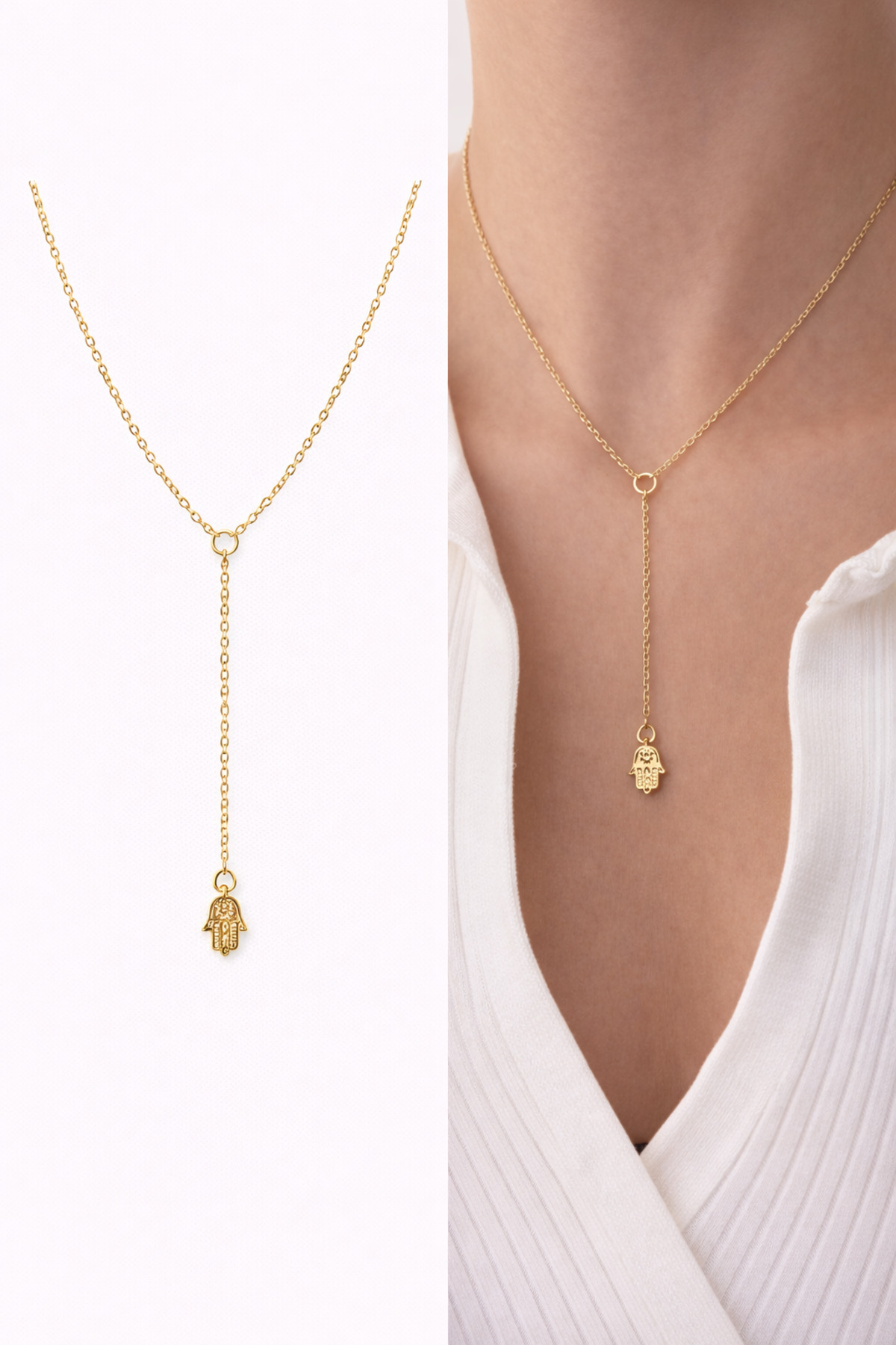 Gold Hamsa Charm Dekolte Y Altın Kaplama Kadın Kolye (45 + 6 Cm) – Sevgililer Günü Özel