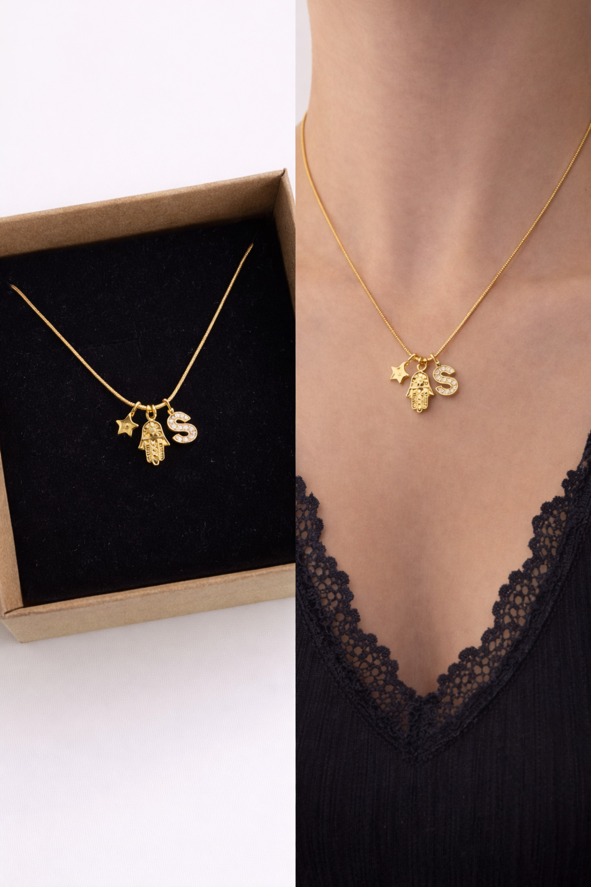 Hamsa Figürlü Yıldız Ve Harf Charm Çelik Zincirli Gold Kadın Kolye (45 Cm) – Sevgililer Günü Özel