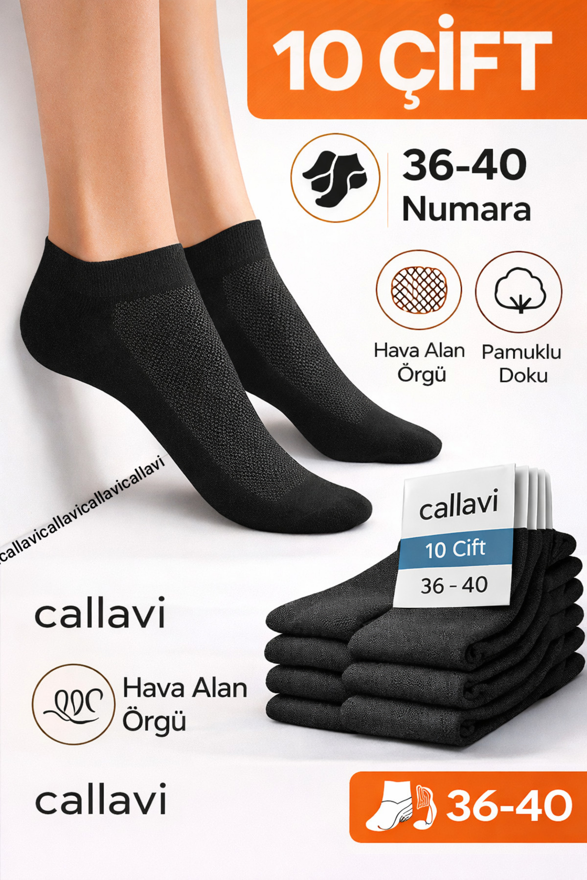 CALLAVI Siyah Patik Penye Pirinç Örgü 10çift