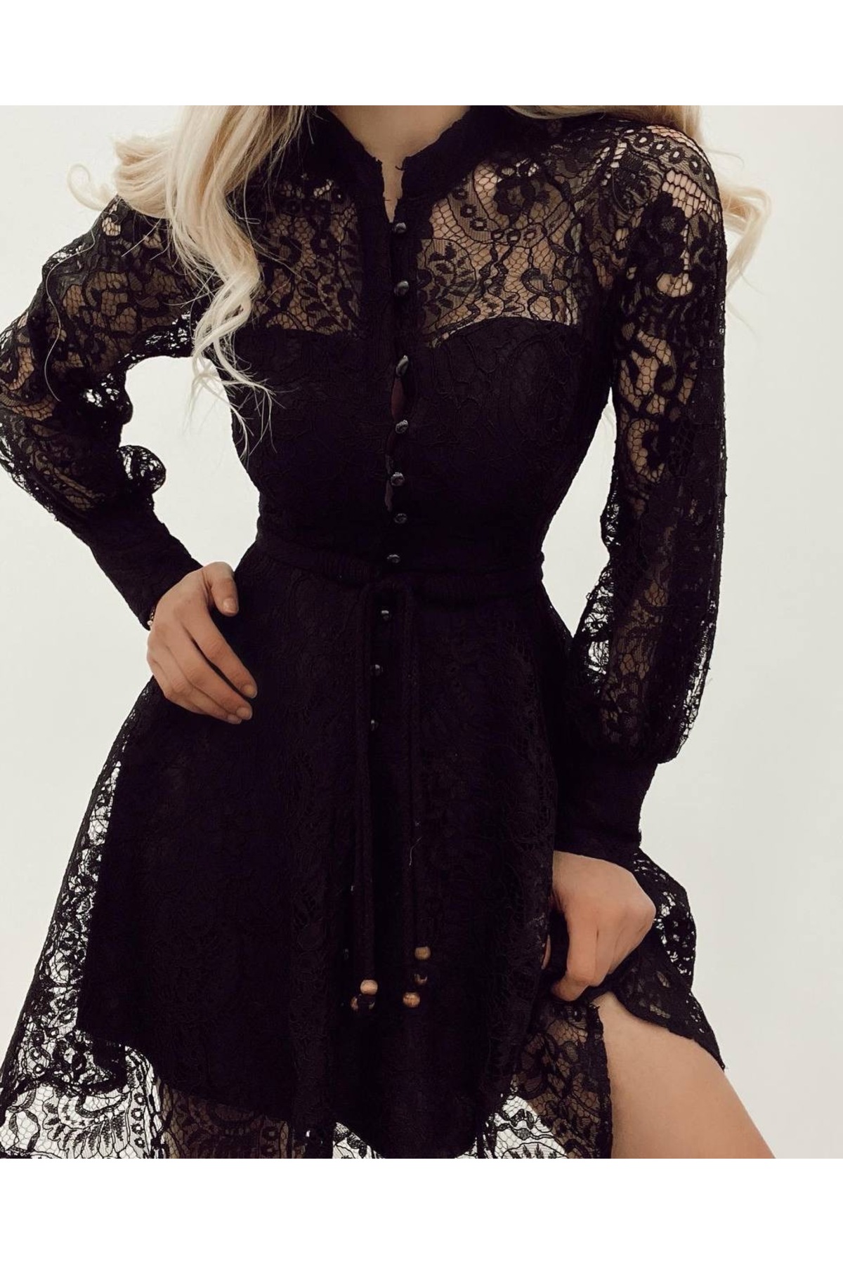 ahanora  Boydan düğmeli astarlı balon kol güpür elbise - Görsel 4