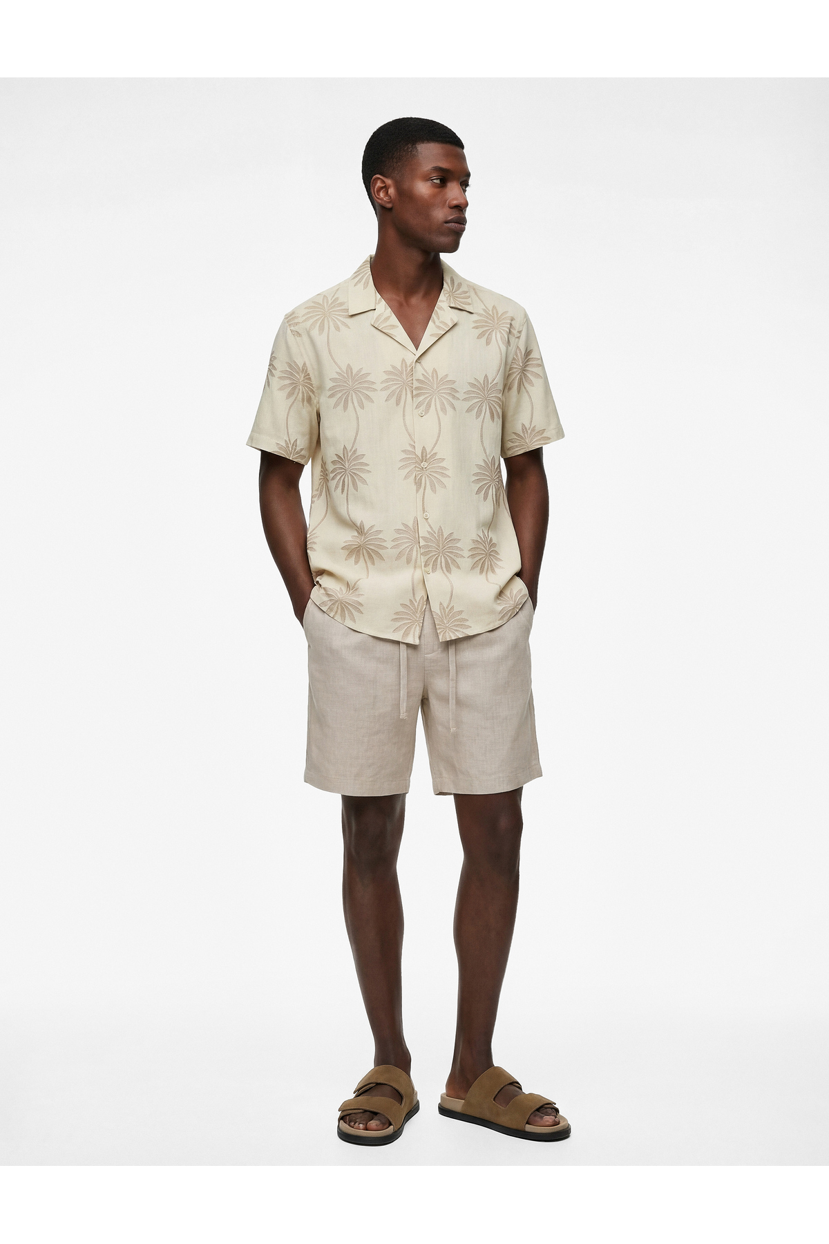 کوتون پیراهن آستین کوتاه نخی یقه زردآلویی طرح نخل معمولی فیت