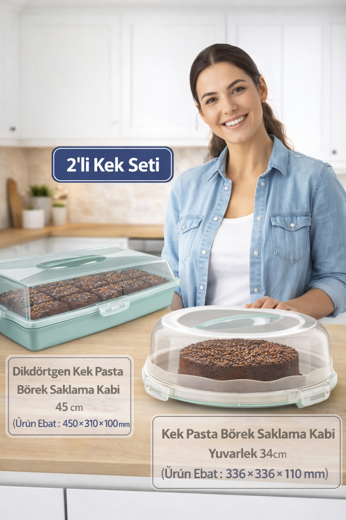 34cm Cake Pastry Dumpling Storage Container & 45 cm Locked Rectangular Carrying Bell Box Set of 2