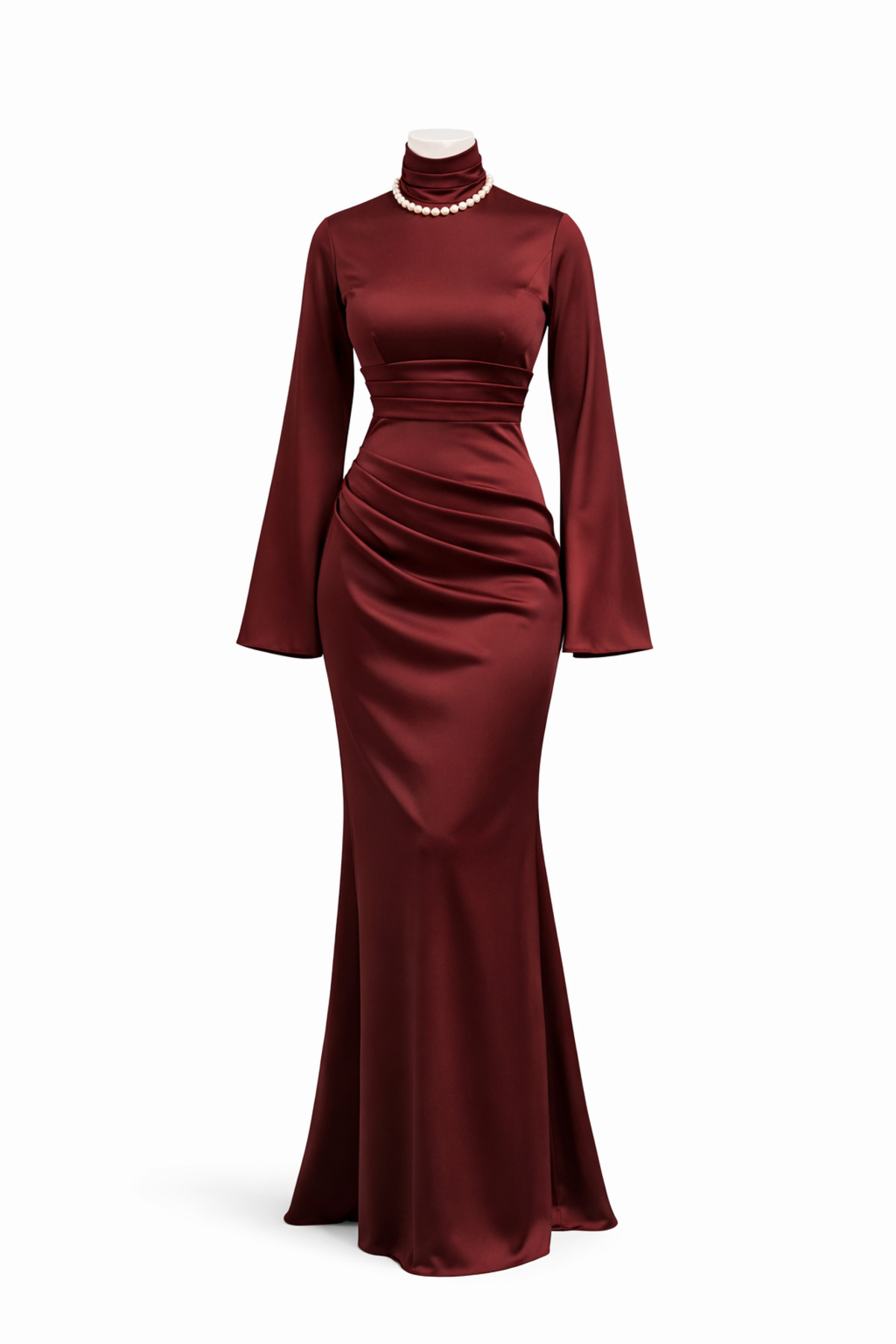 Tarzım Tuba  Premium Bordo Zara Saten Drapeli İspanyol Kol Tesettür Abiye