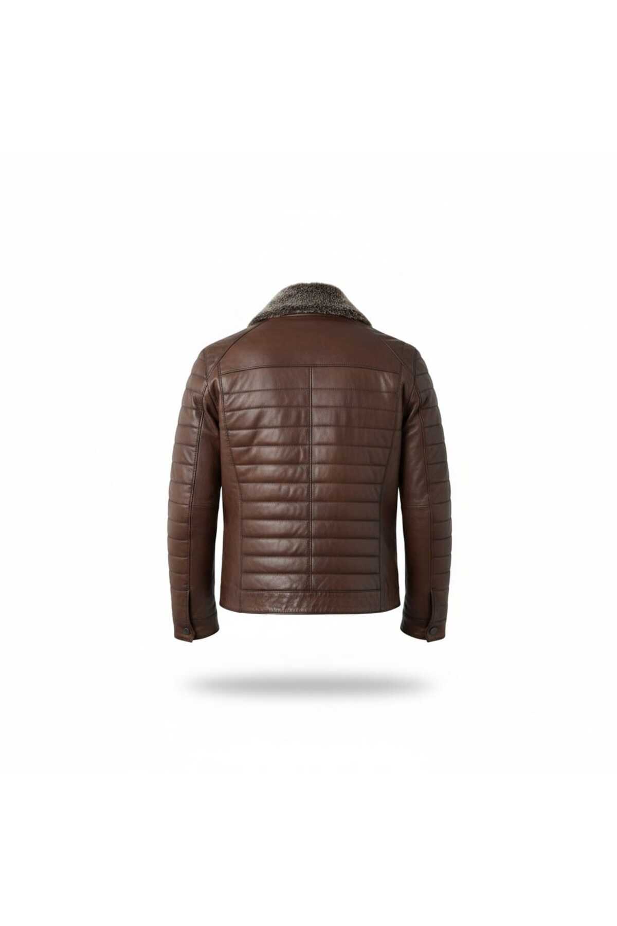 MODA  Erkek Kahverengi Yakası Kürklü Fermuarlı İçi Astarlı Hakiki Deri Mont Ceket - Görsel 4