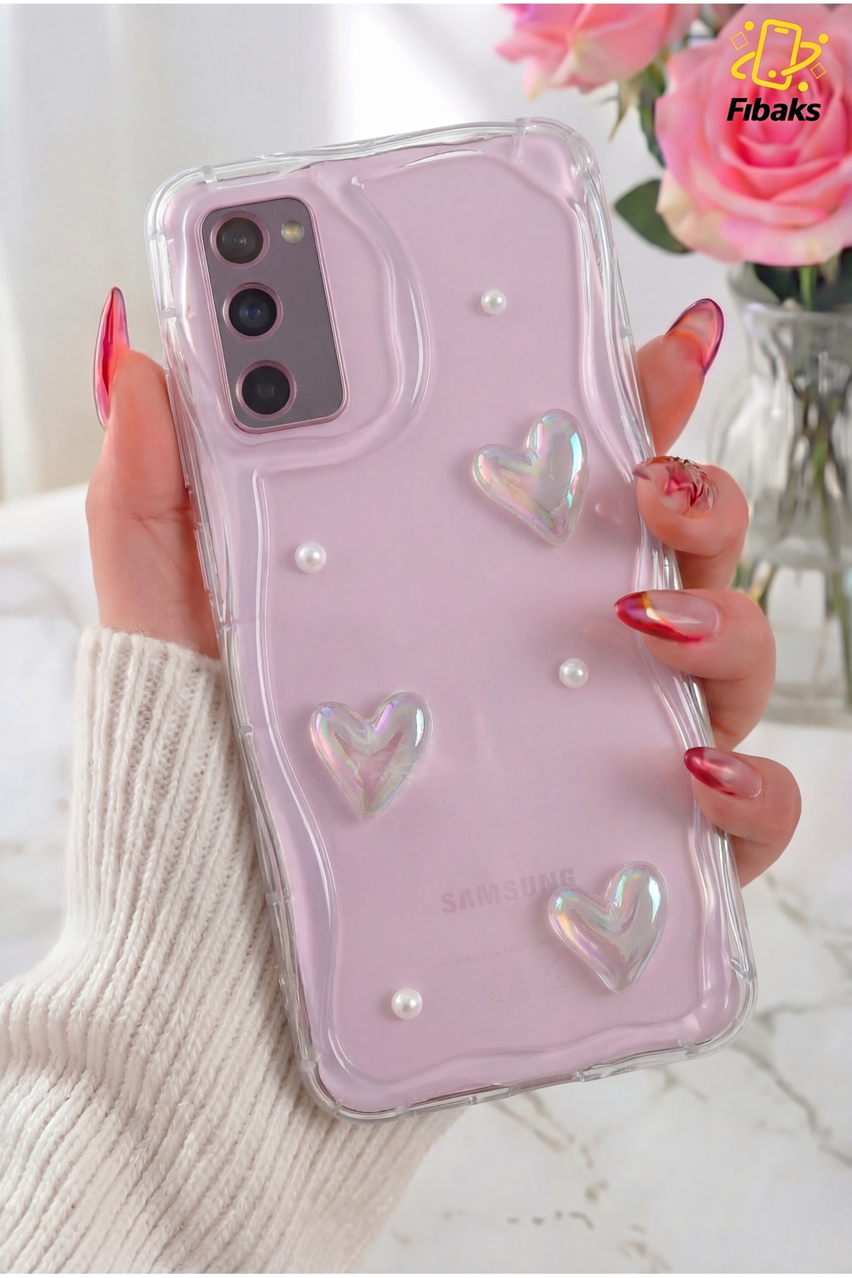 Galaxy S21 FE Case Transparent Silicone Cover with 3D Heart Pearl Design Patterned Camera Protection