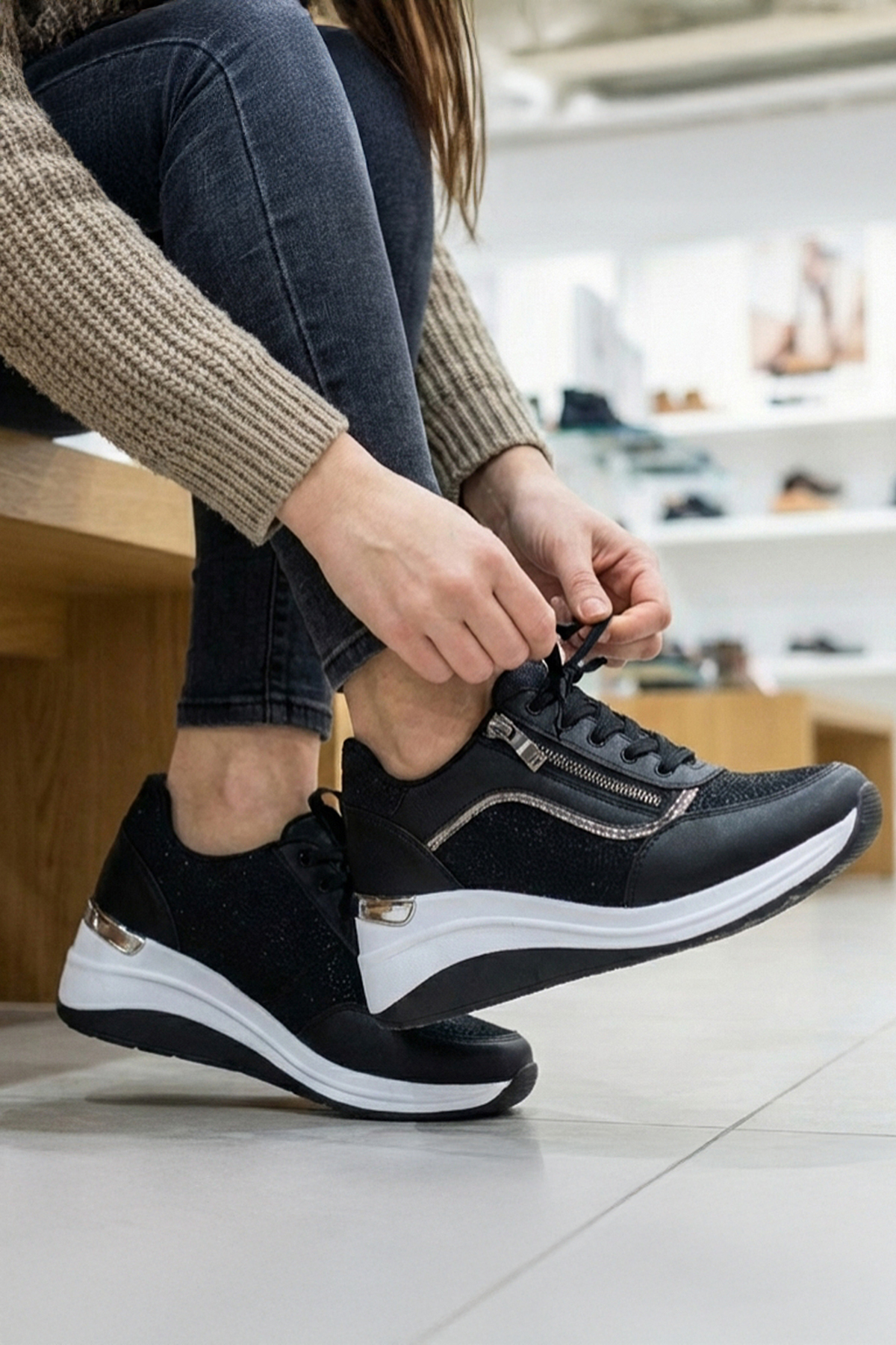 Paris - 1511 Women's Sports Shoes with High Sole Gemstone(4cm) Zipper Detail