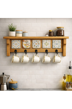 woodline 5Askılı Doğaltaş Dekorlu Ahşap Duvar Düzenleyici –Giriş Holü Anahtar...