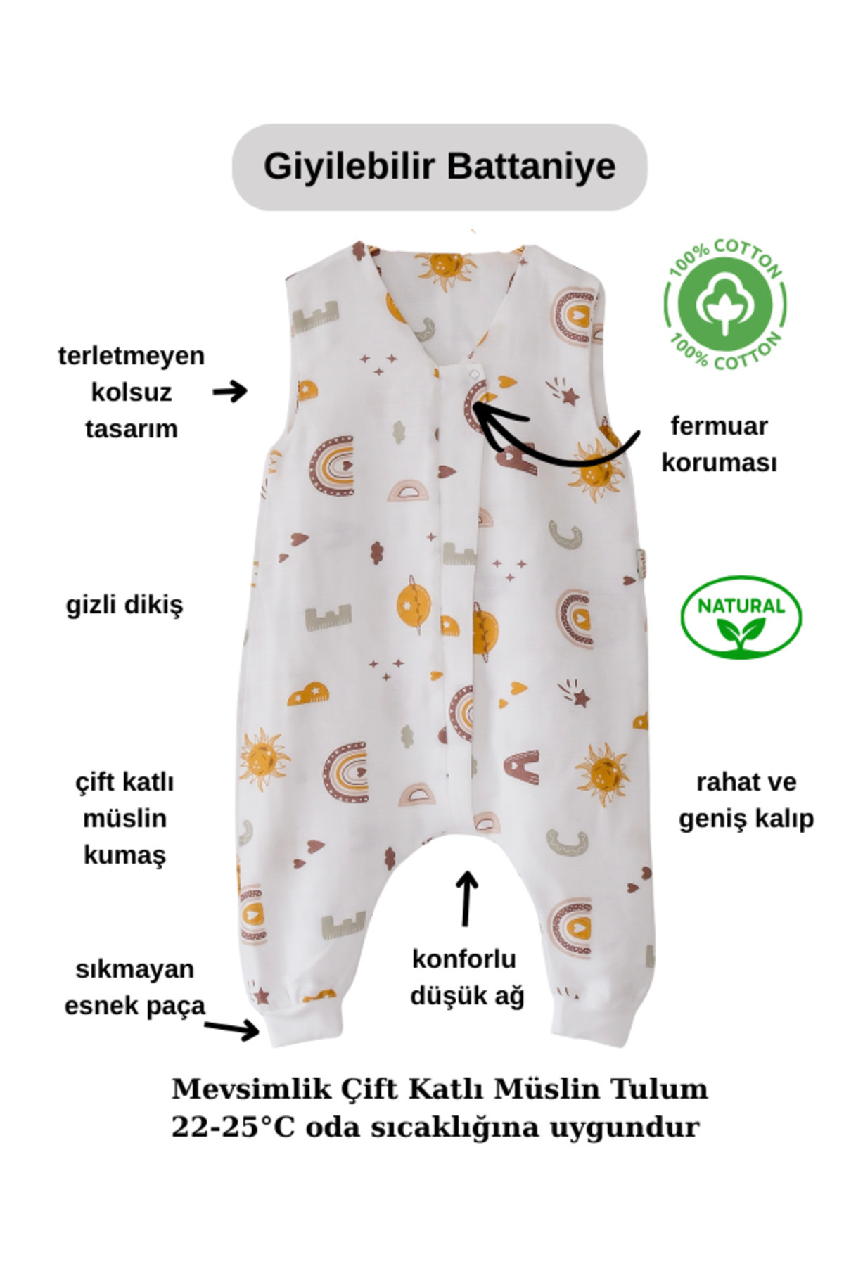 Las Vivas Kids Baharlık-Mevsimlik Çocuk Uyku Tulumu, Organik Pamuklu Müslin Bebek Uyku Tulumu, Kolsuz Tulum fotoğrafı 6 (önizleme)