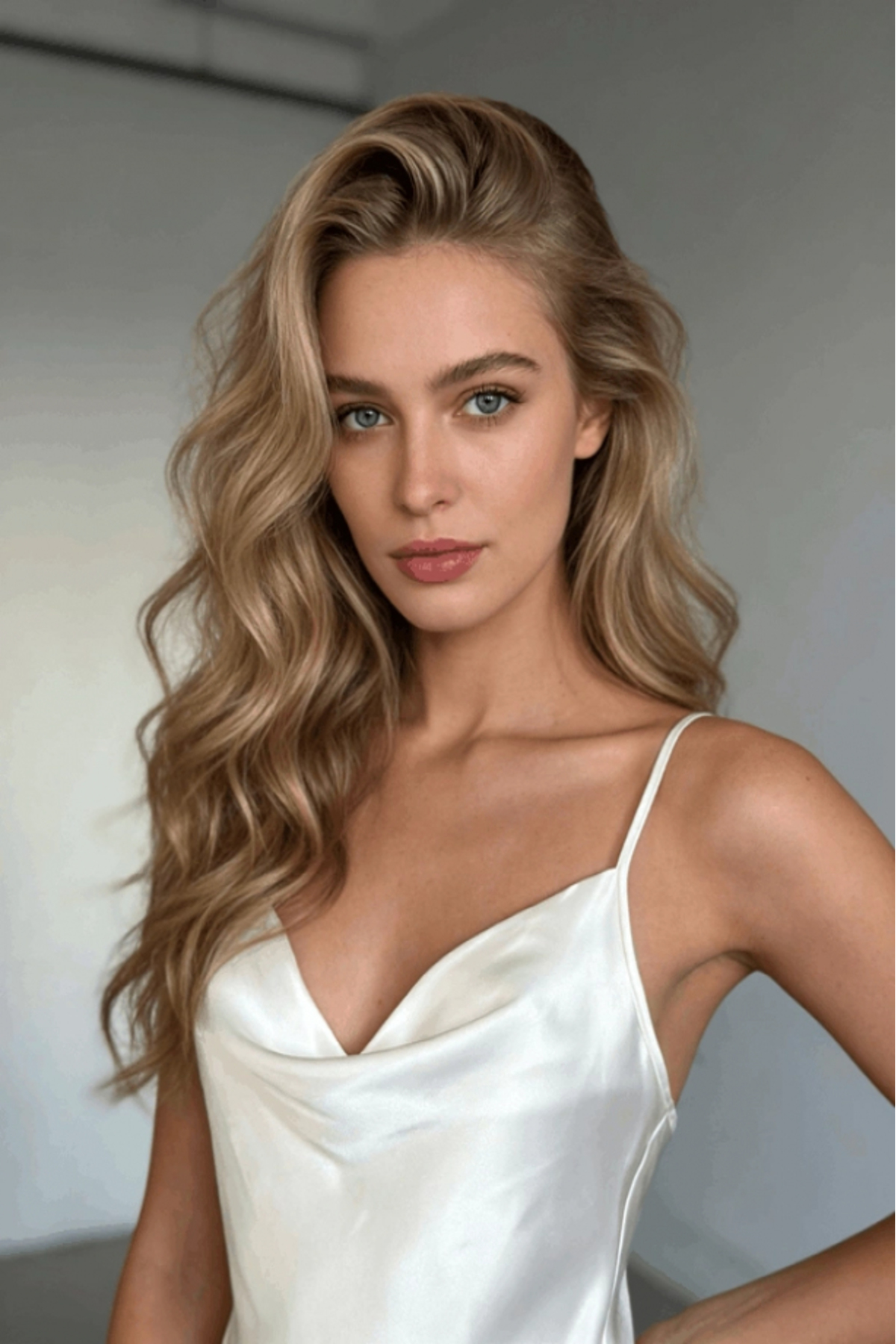 Gece İncisi Ekru Degaje Yaka Saten Gecelik