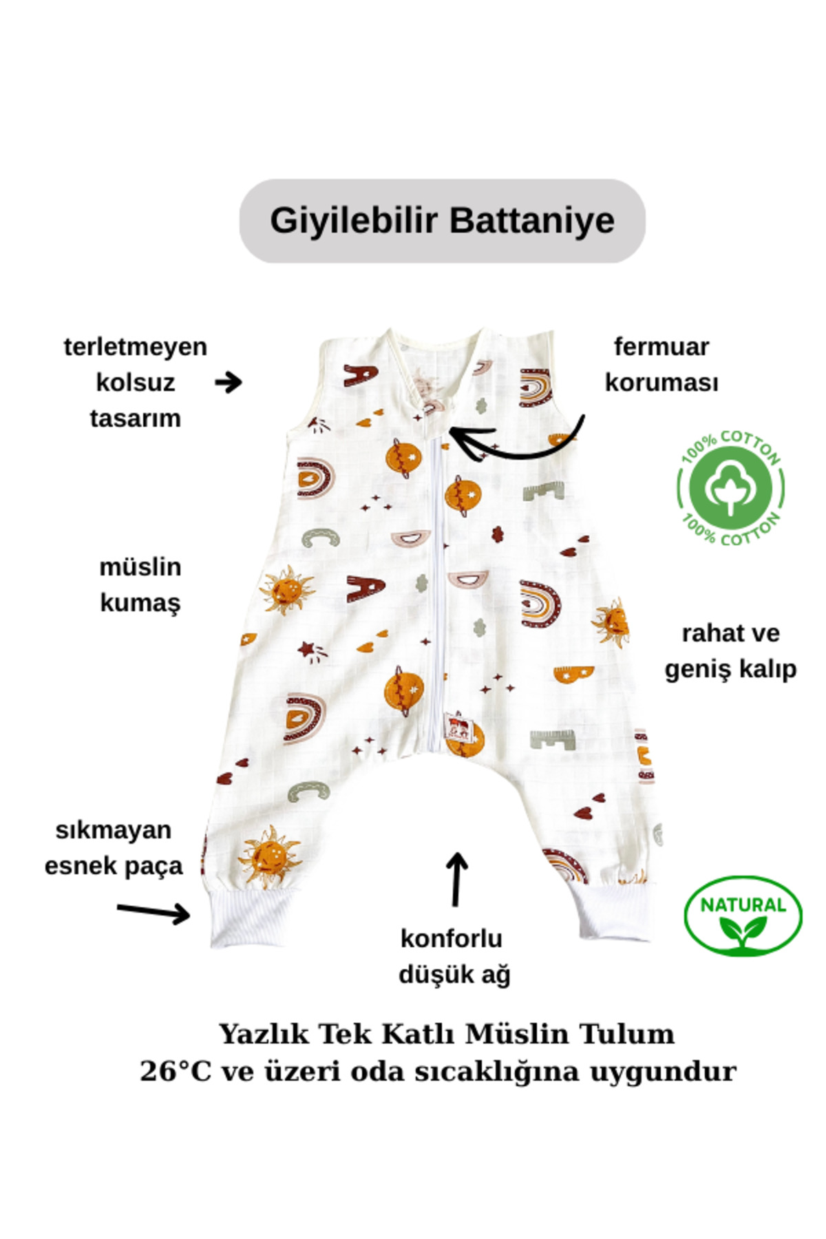 Las Vivas Kids Yazlık Müslin Uyku Tulumu, 0.5 Tog Tek Katlı Çocuk Uyku Tulumu,gökkuşağı Desenli Bebek Unisex Tulum fotoğrafı 7 (önizleme)