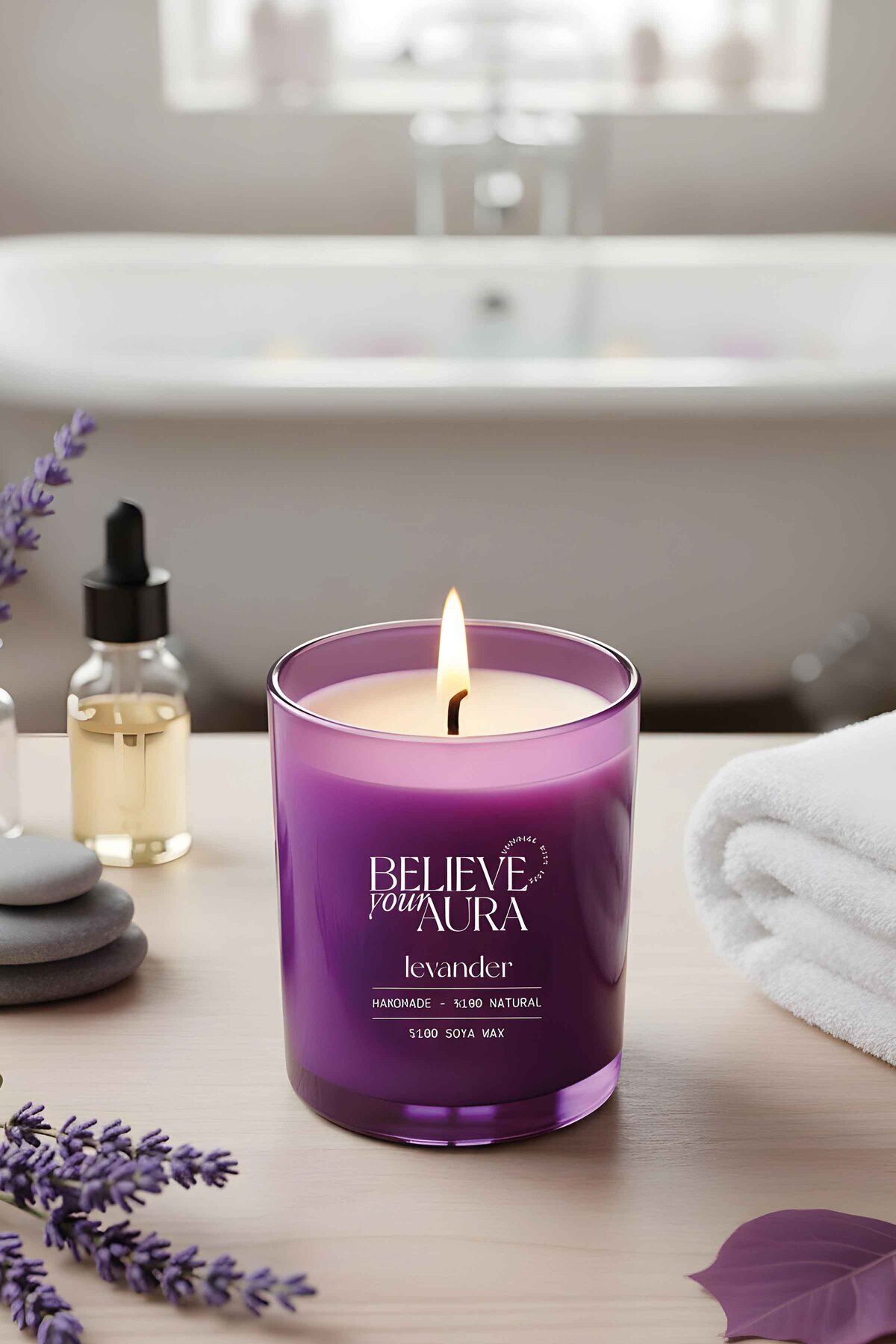 Lavender Scented Aromatherapy Candle - 100% Natural Soy Wax Herbal Lavender Essential Purple Cup Candle - 300cc