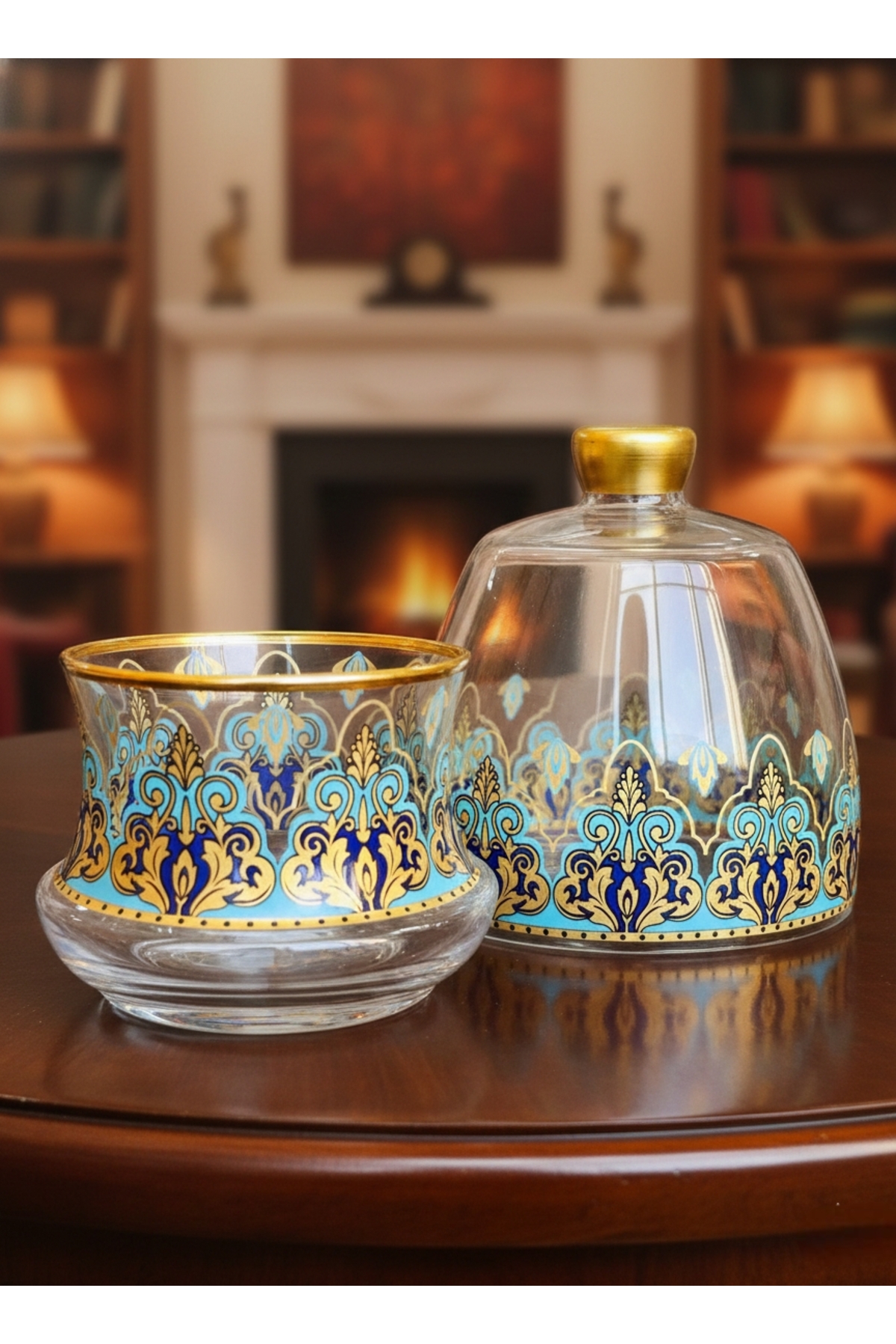 One sugar bowl and Turkish delight holder set with Gold Pearl model colorful pattern,