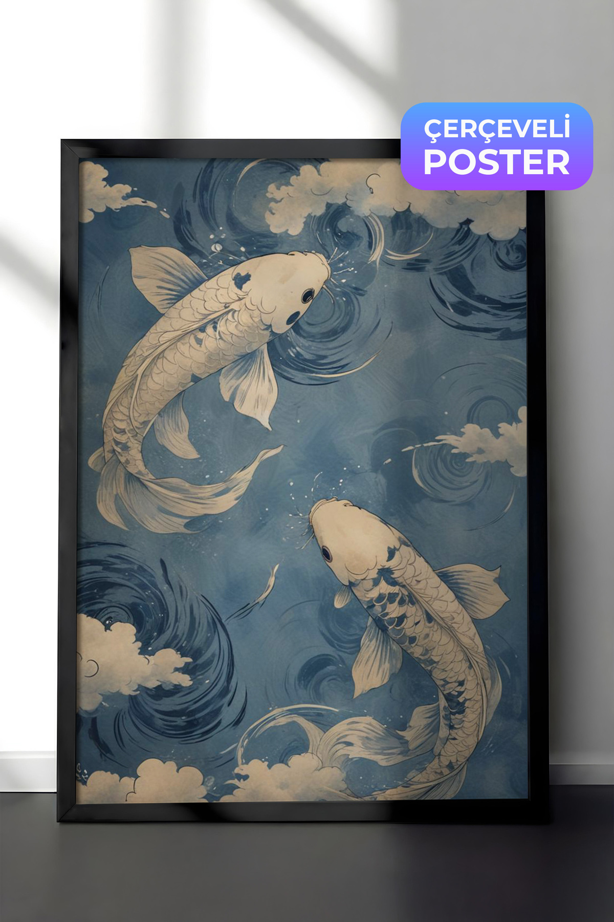 Painting with Black Frame, Koi Fish, Between Japanese Waves, Blue Tones Poster No: 107505