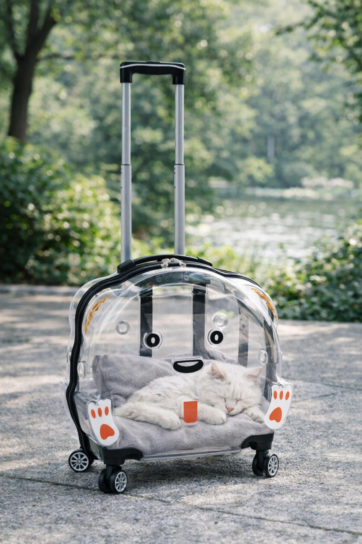 Genel Markalar Şeffaf Tekerlekli Kedi Köpek Taşıma Valizi Çekçekli Büyük Model Siyah Kırmızı Minderli fotoğrafı 2 (önizleme)