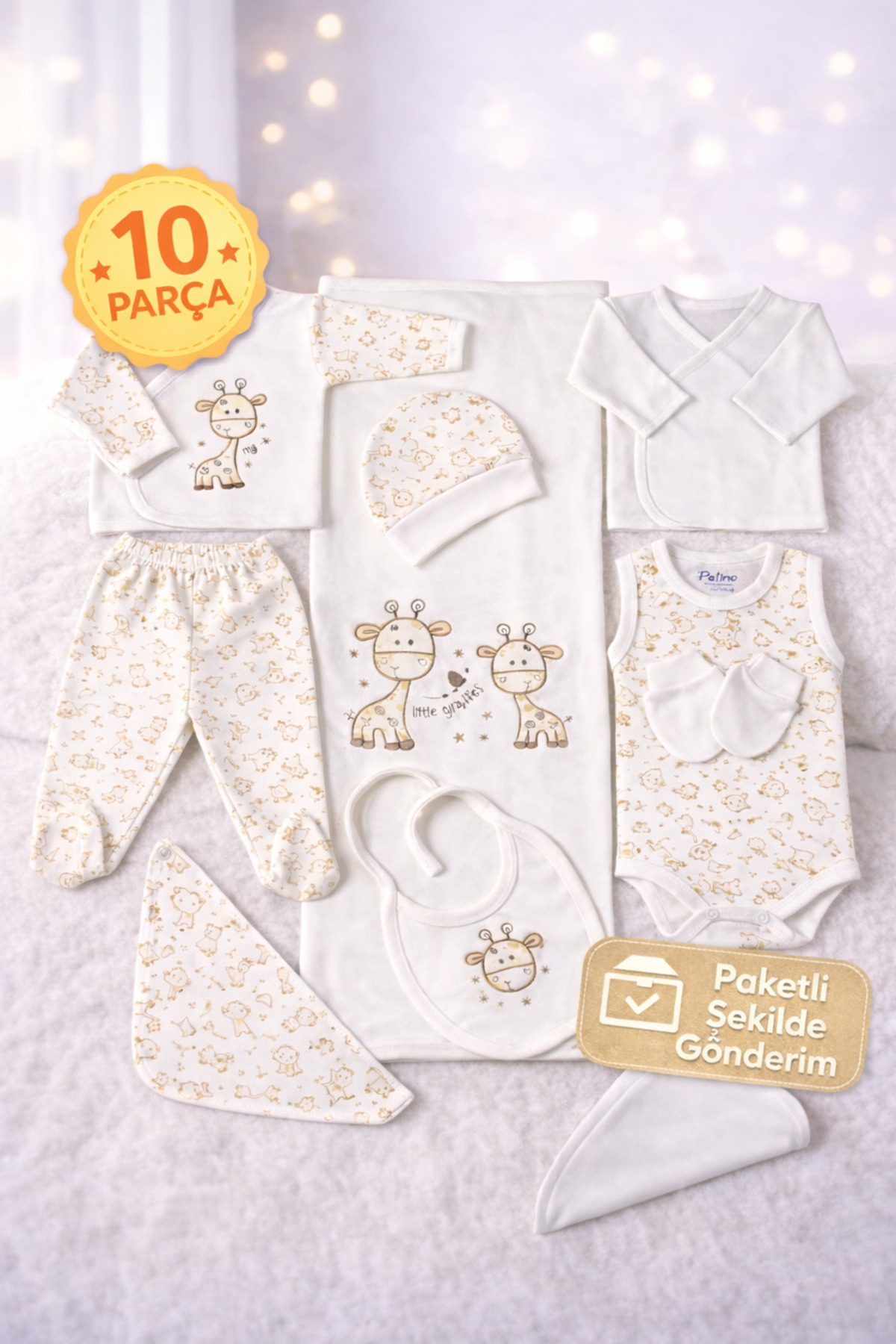 Petino Yenidoğan Unisex Zürafalı Bebek Hastane Çıkış Seti 10 Parça – Bej fotoğrafı 4 (önizleme)