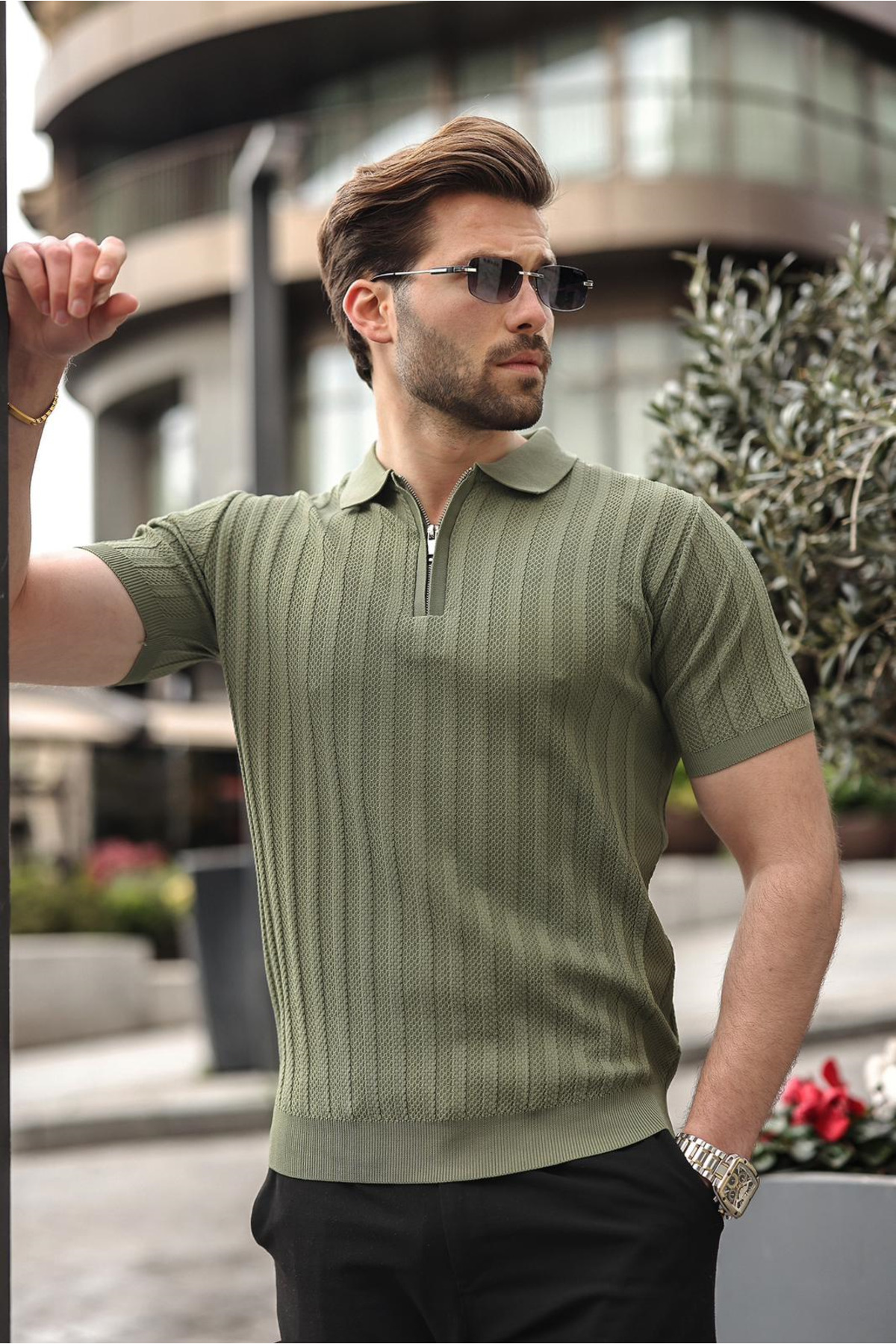 Madmext Khaki Half Zip Polo Neck Men's Knitwear T-Shirt E7458