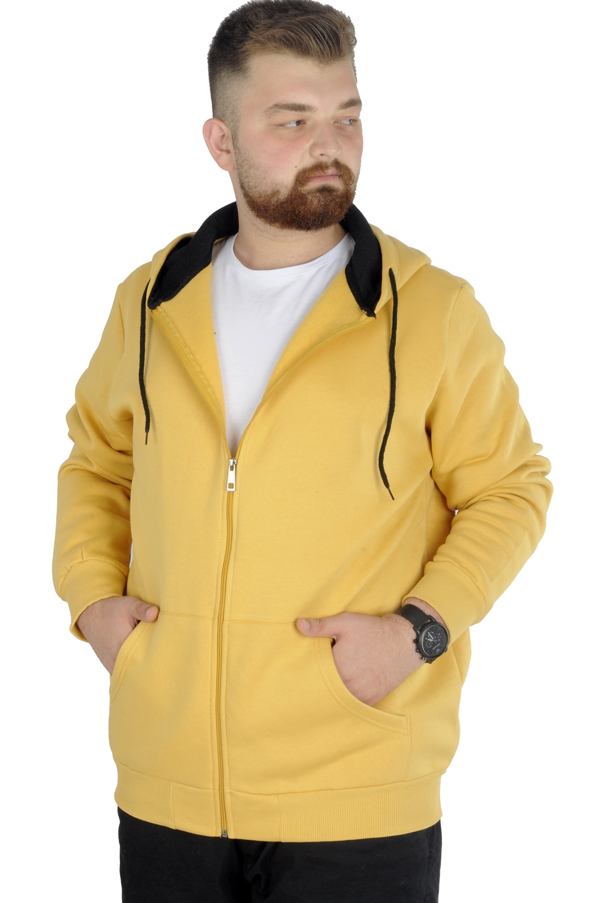 ModeXL Mode XL Erkek Sweatshirt Kapşonlu Zippered Basic 20543 Hardal görsel 5