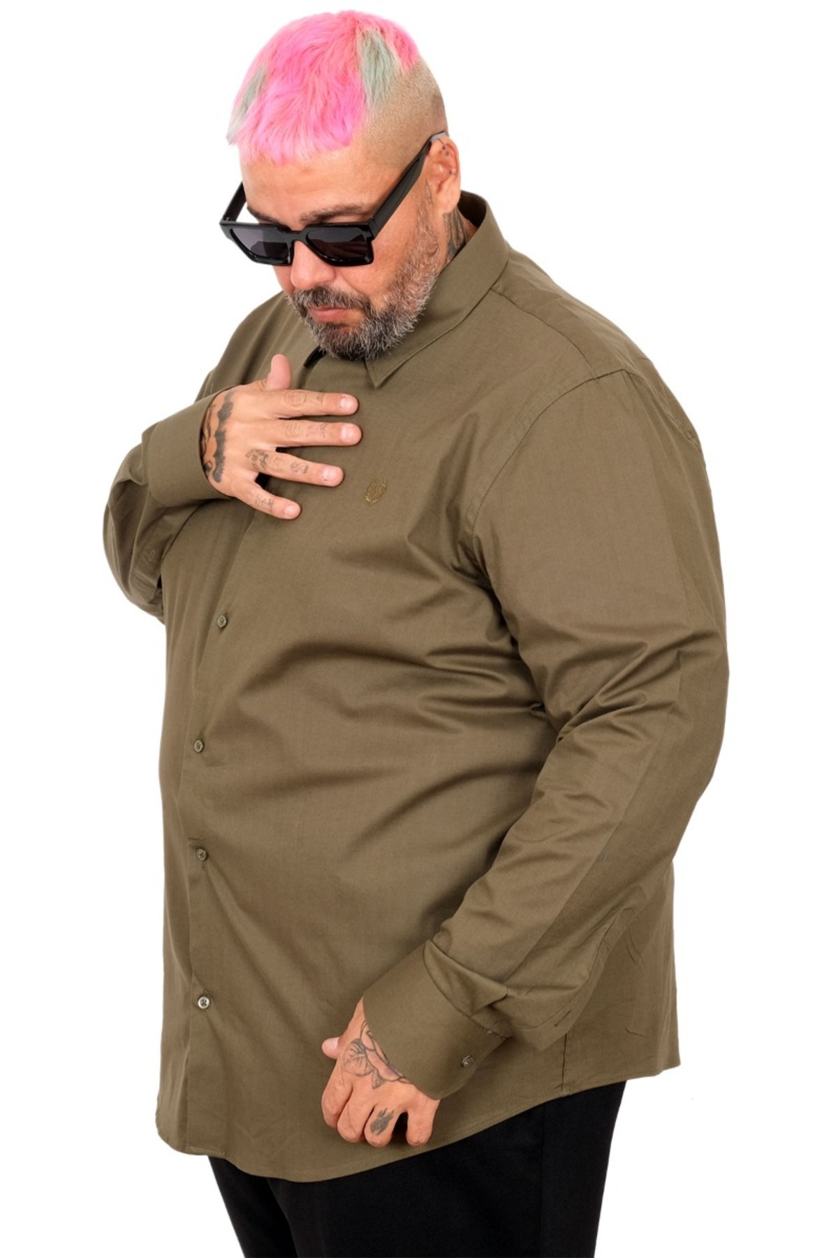 ModeXL Mode XL Büyük Beden Erkek Klasik Gömlek Likralı 20351 Haki görsel 5