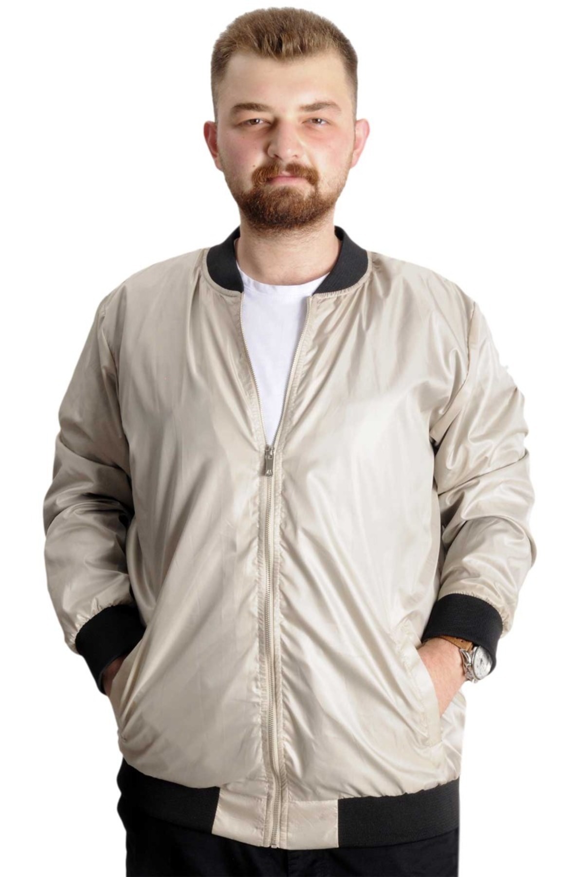 ModeXL Mode XL Büyük Beden Erkek YAZLIK INCE Kolej Mont Fermuarlı Jesica 22612 Bej