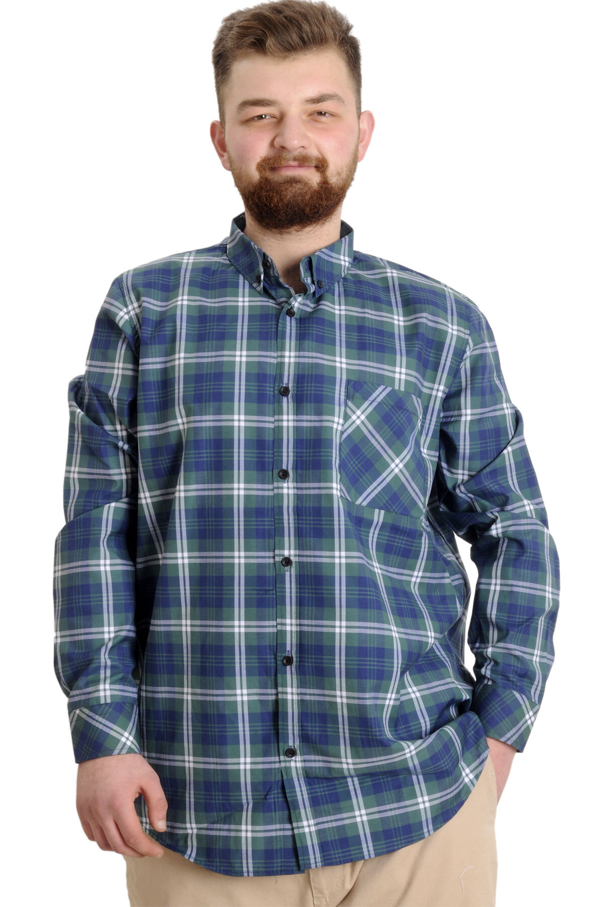ModeXL Mode XL Büyük Beden Erkek Gömlek Ekose Uzun Kollu 23300 Koyu Yeşil görsel 5