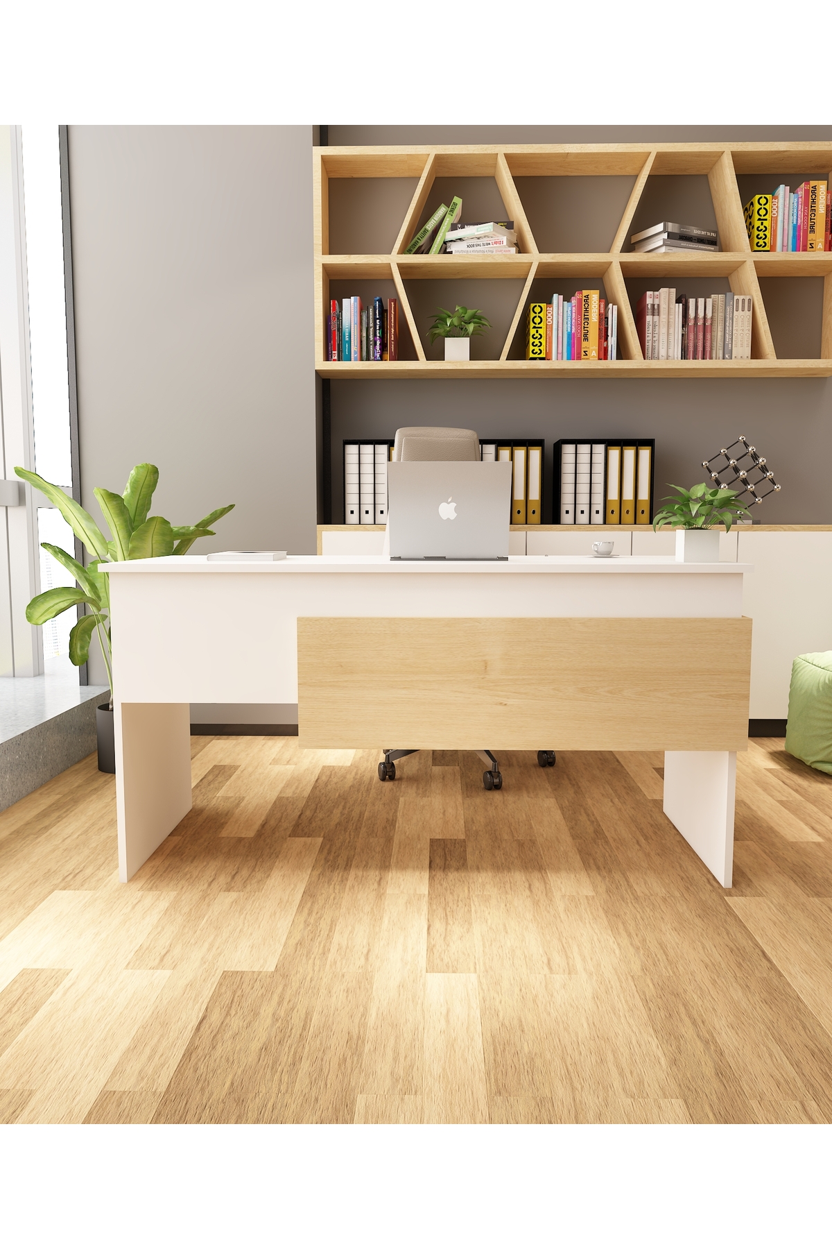 Karen 60x144 Çalışma Masası Ofis Masası Bilgisayar Masası| Beyaz - Safir Meşe 2