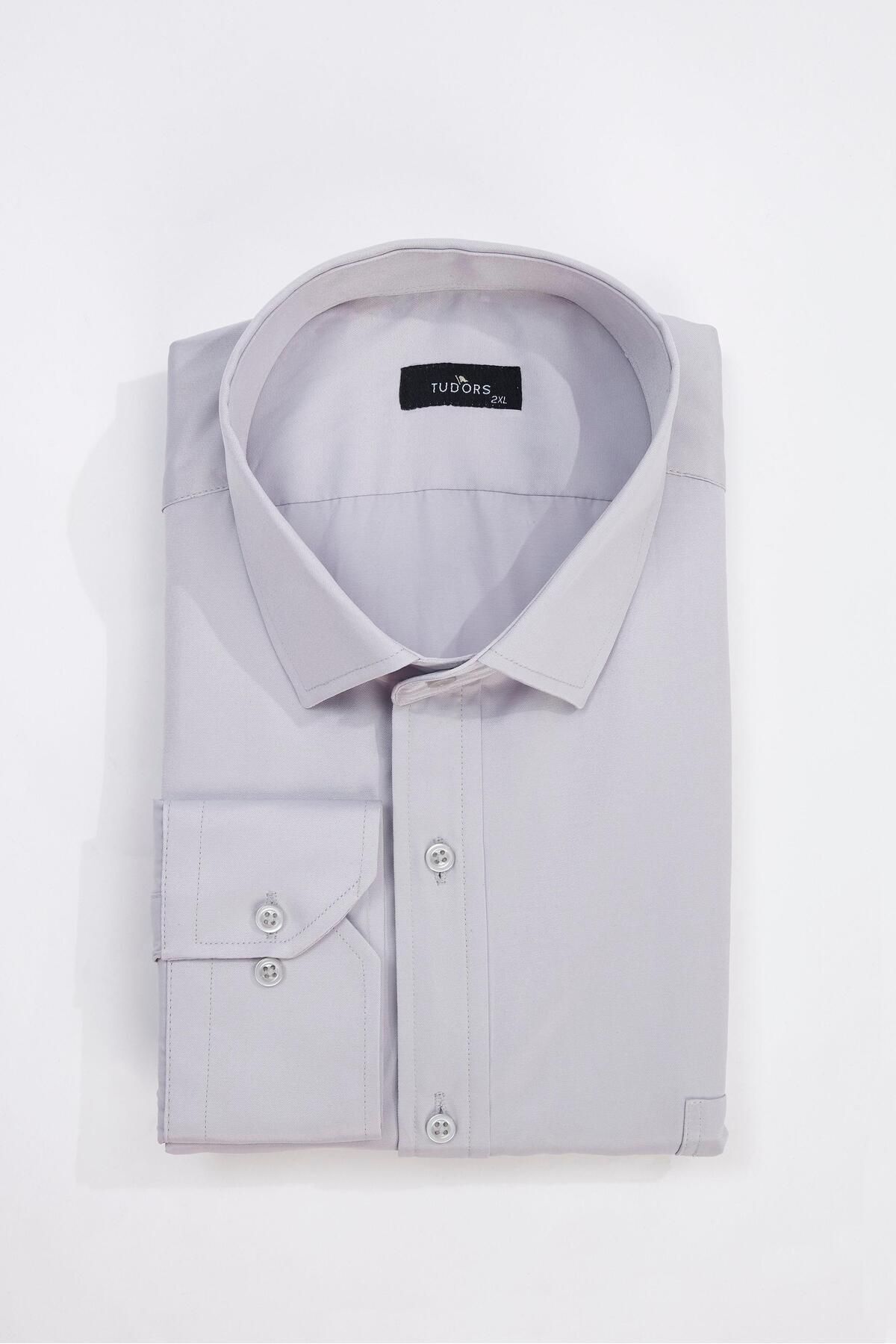 Tudors  Erkek Big Size Büyük Beden Uzun Kollu Pamuklu Tek Cepli Saten Gri Gömlek - Görsel 2