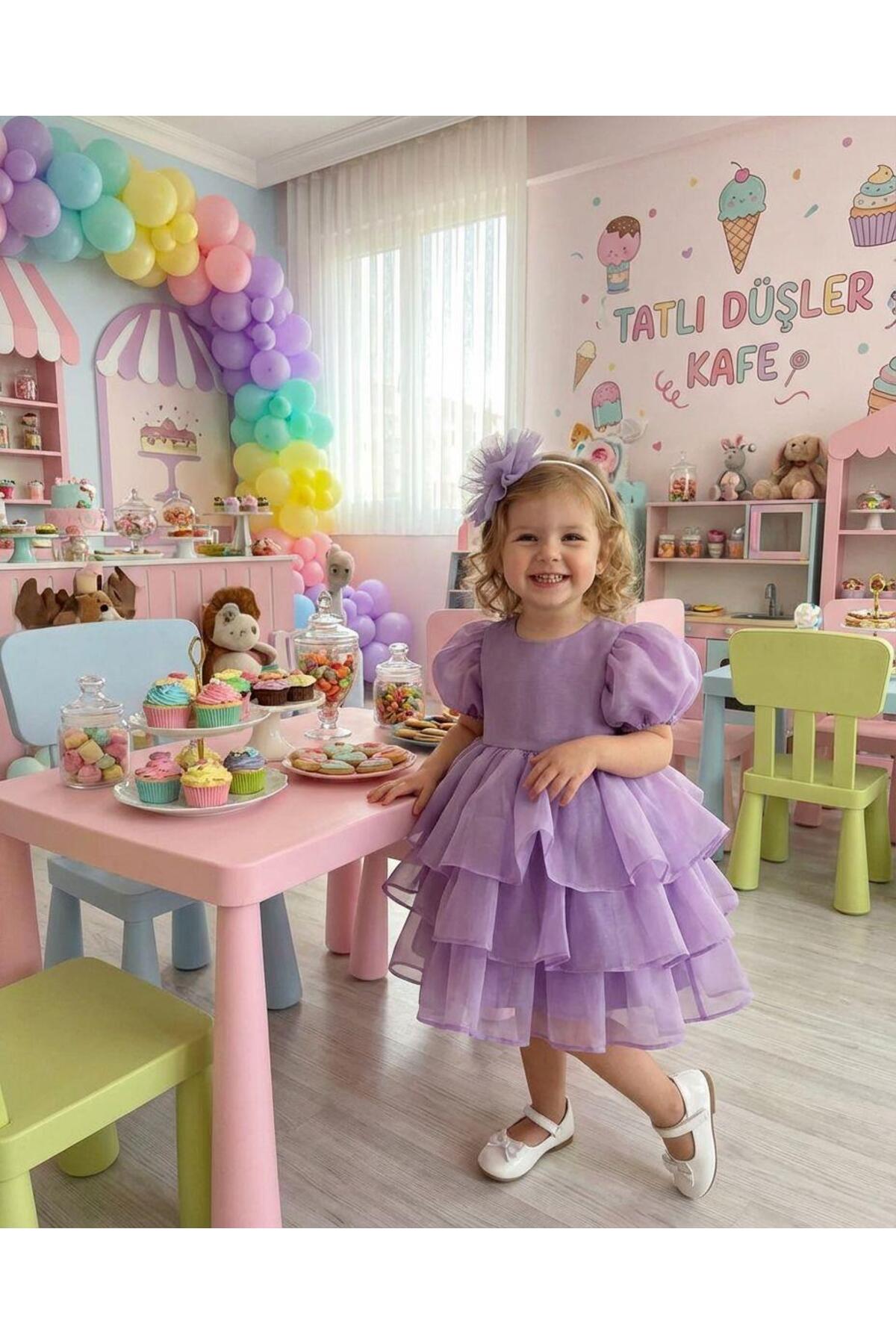 BUTİKHAPPYKİDS Kız Bebek Caroline Kumaş Lavanta Karpuz Kollu Kat Etekli Abiye Elbise Taç Hediyeli 1-5 Yaş