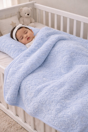 Puffybaby Premium Kabartmalı Mavi Peluş Bebek Battaniyesi | Ultra Yumuşak, Me...