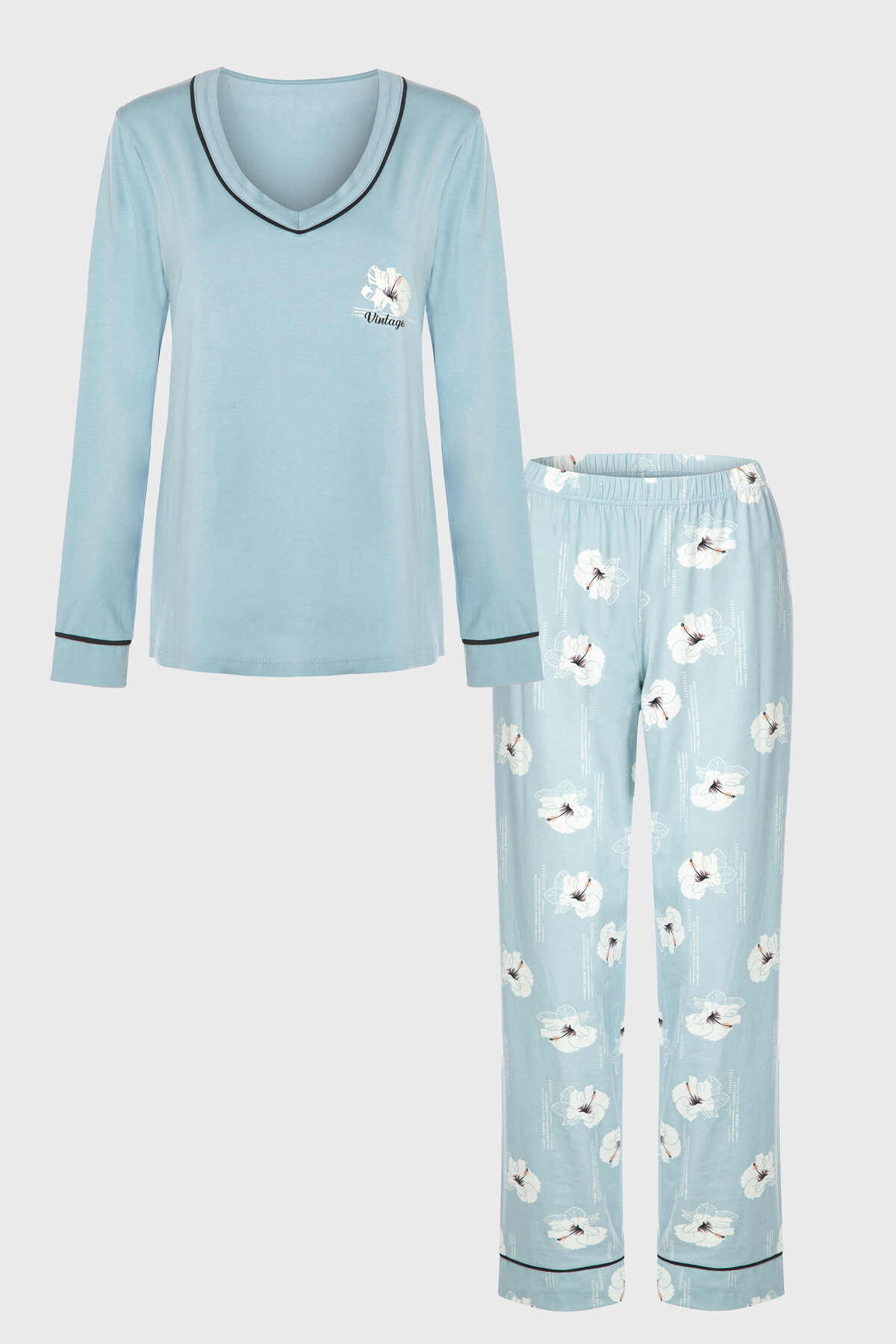 koza iç giyim  Kadın V Yaka Çiçek Desenli Ara Biyeli Uzun Kollu Pamuklu Pijama Takımı - Görsel 4