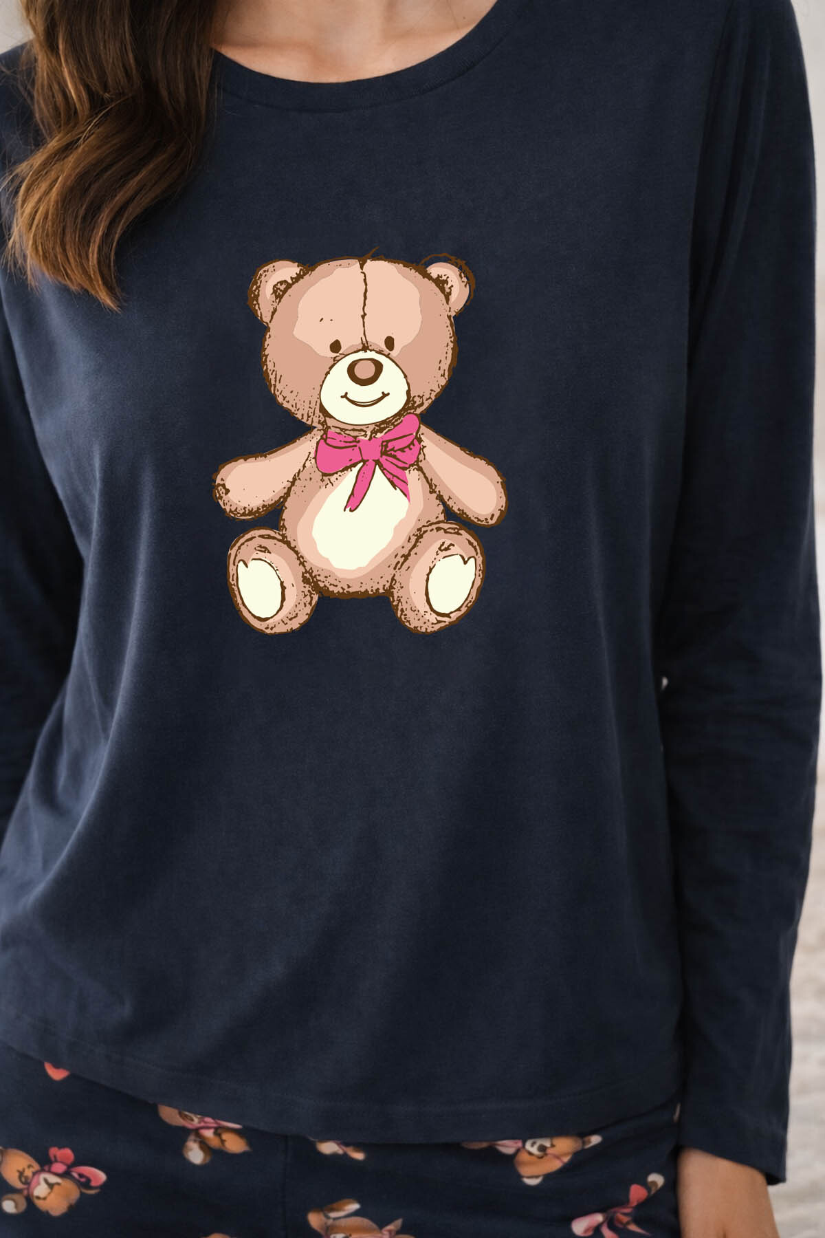 koza iç giyim Kadın Pamuklu Ayıcıklı Pijama Takımı görsel 3