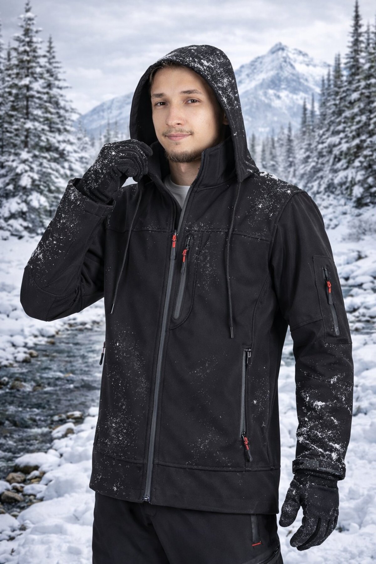 Vatan Tekstil Erkek Slim Fit Softshell Kapüşonlu Erkek Mont Su İtici Rüzgar Geçirmez görsel 2