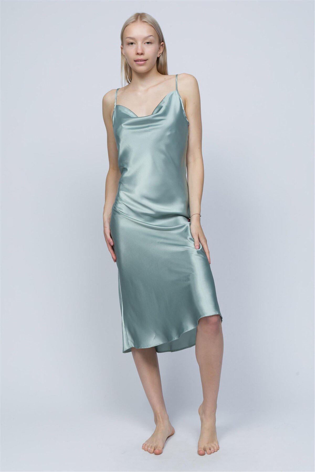Obje Kadın Su Yeşili Saten Elbise