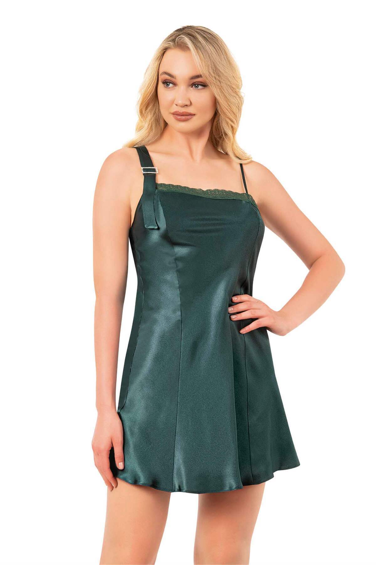 Obje Kadın Zümrüt Yeşili Saten Kısa Gecelik