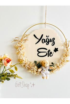 KB-GİFTSHOP Dekoratif krem renkte cipso kuru çiçeklerle sslenmiş ayıcıklı beb...