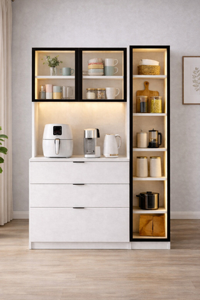 Setay Vitrinli Ünite, Laetus Kahve Köşesi + Çok Amaçlı Raflı Temperli Cam Kap...