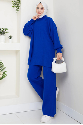 Maystore Balon Kol Çelik Örme Triko Tunik Pantolon Takım - Saks