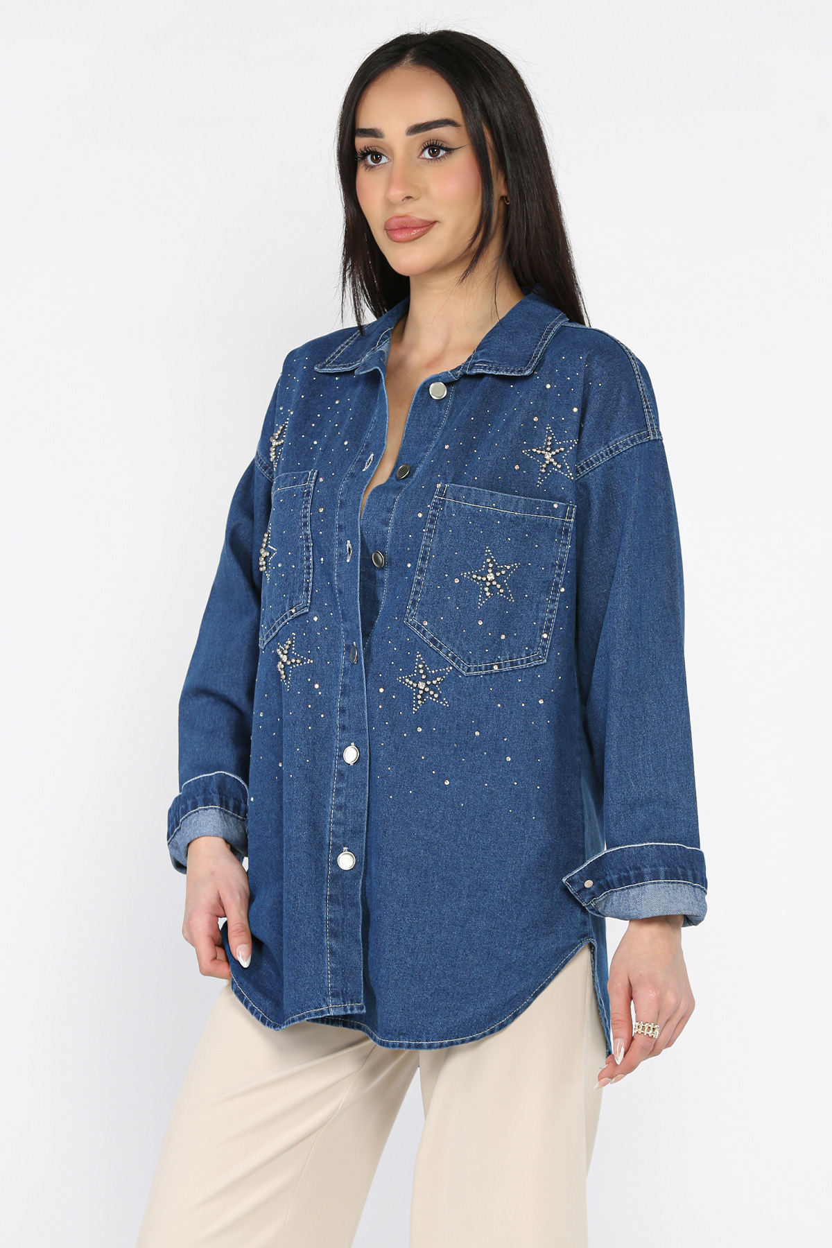 azragül giyim  Çift Cepli Taşlı Kot Jean Ceket - Görsel 2