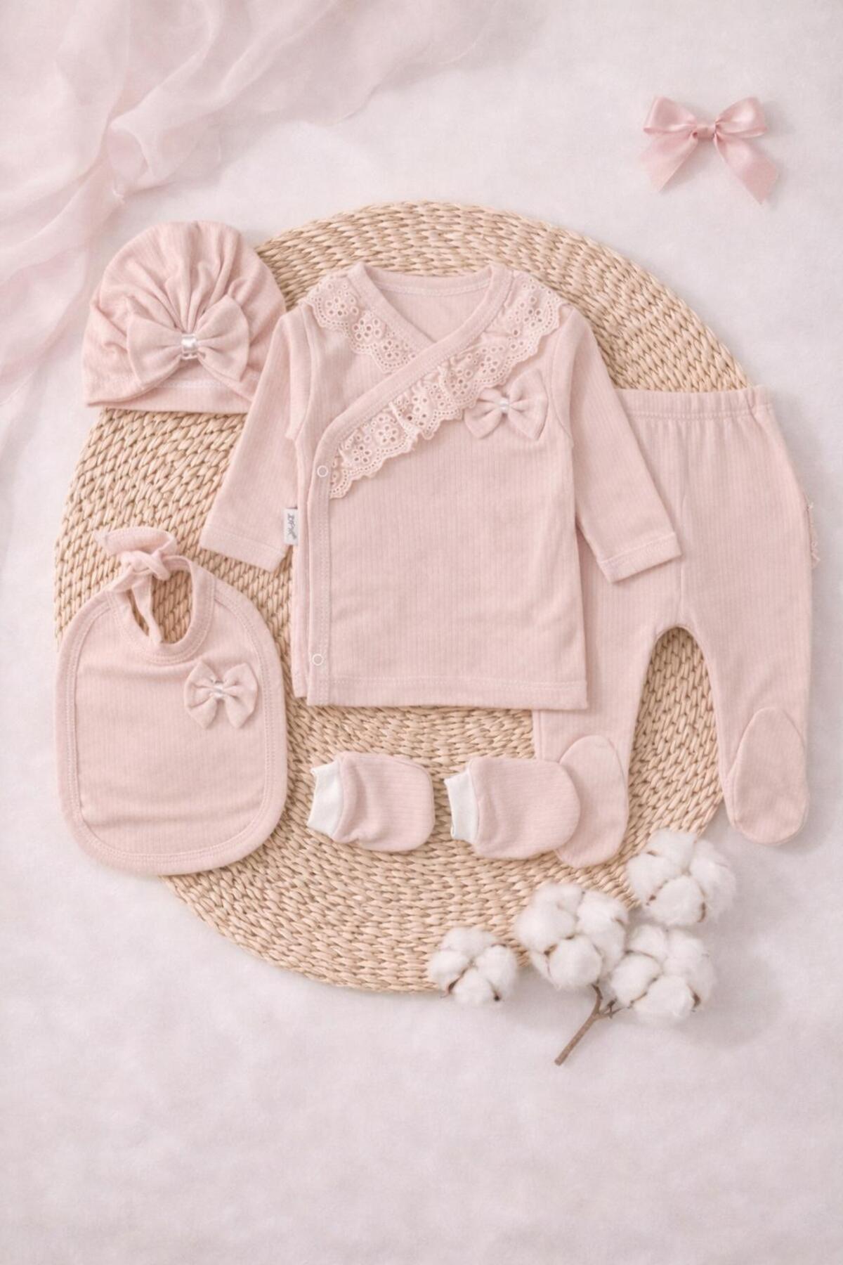 BYS BABY FASHION Fistolu Fiyonklu Natural Lüx %100 Pamuk Yenidoğan Kız Bebek 5 Parça Hastane Çıkışı Zıbın Seti fotoğrafı 3 (önizleme)