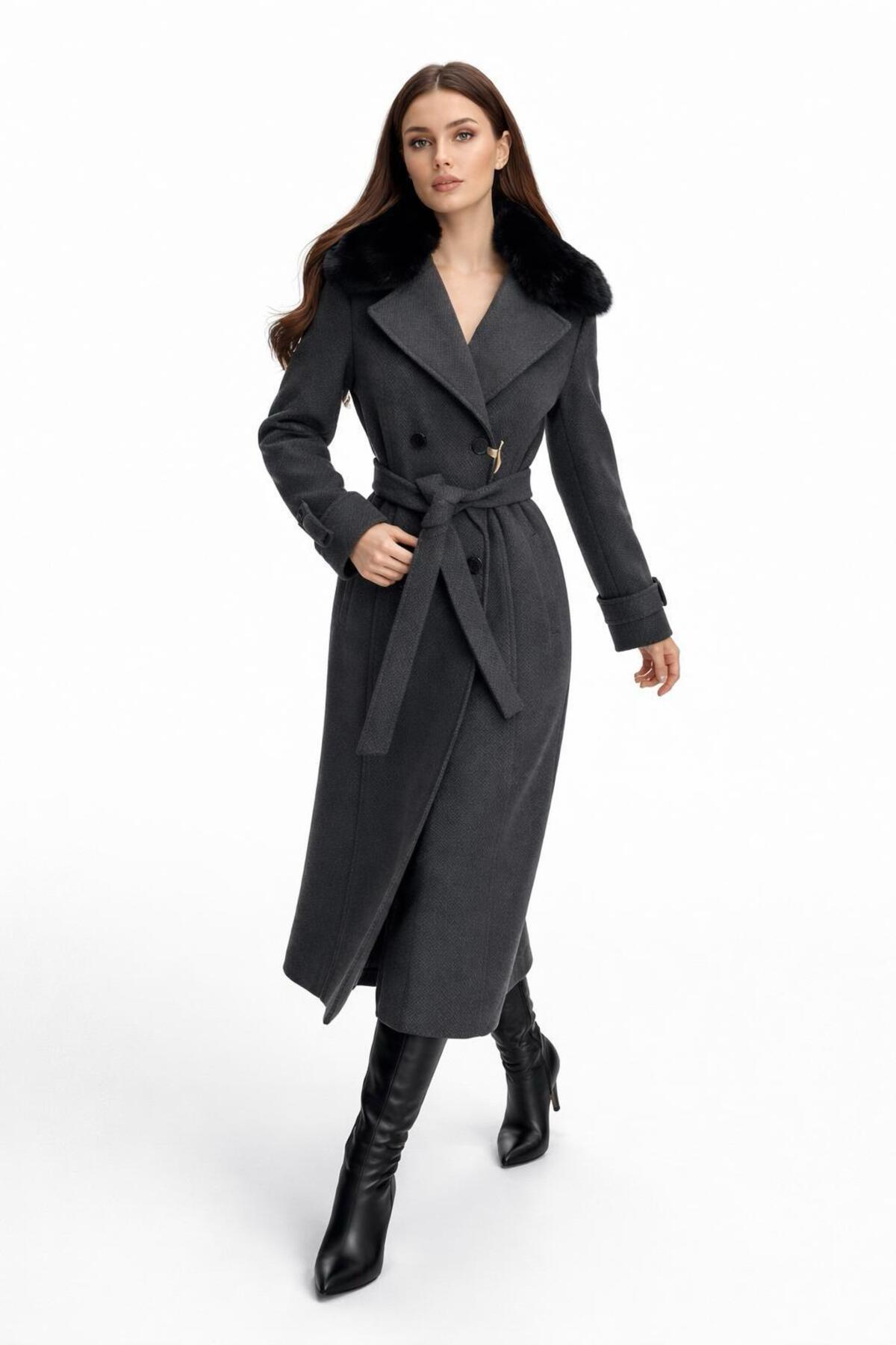 ESİN GİYİM  Asalet Serisi Çıkartılabilir Kürklü Kruvaze Kışlık Kaban - Görsel 2