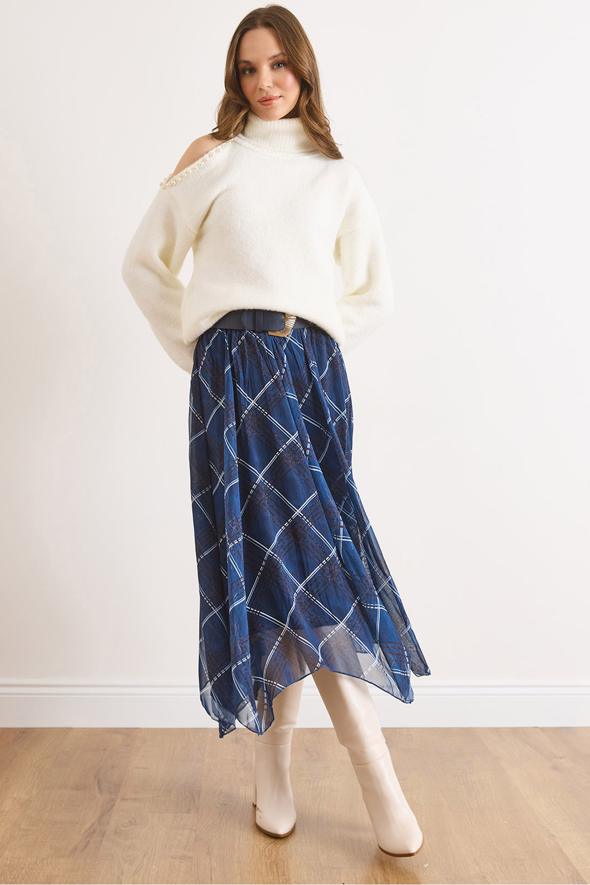 Women's Navy Blue Lined Skirt Asymmetrical Plaid Bell Tulle Skirt ETK-19000384