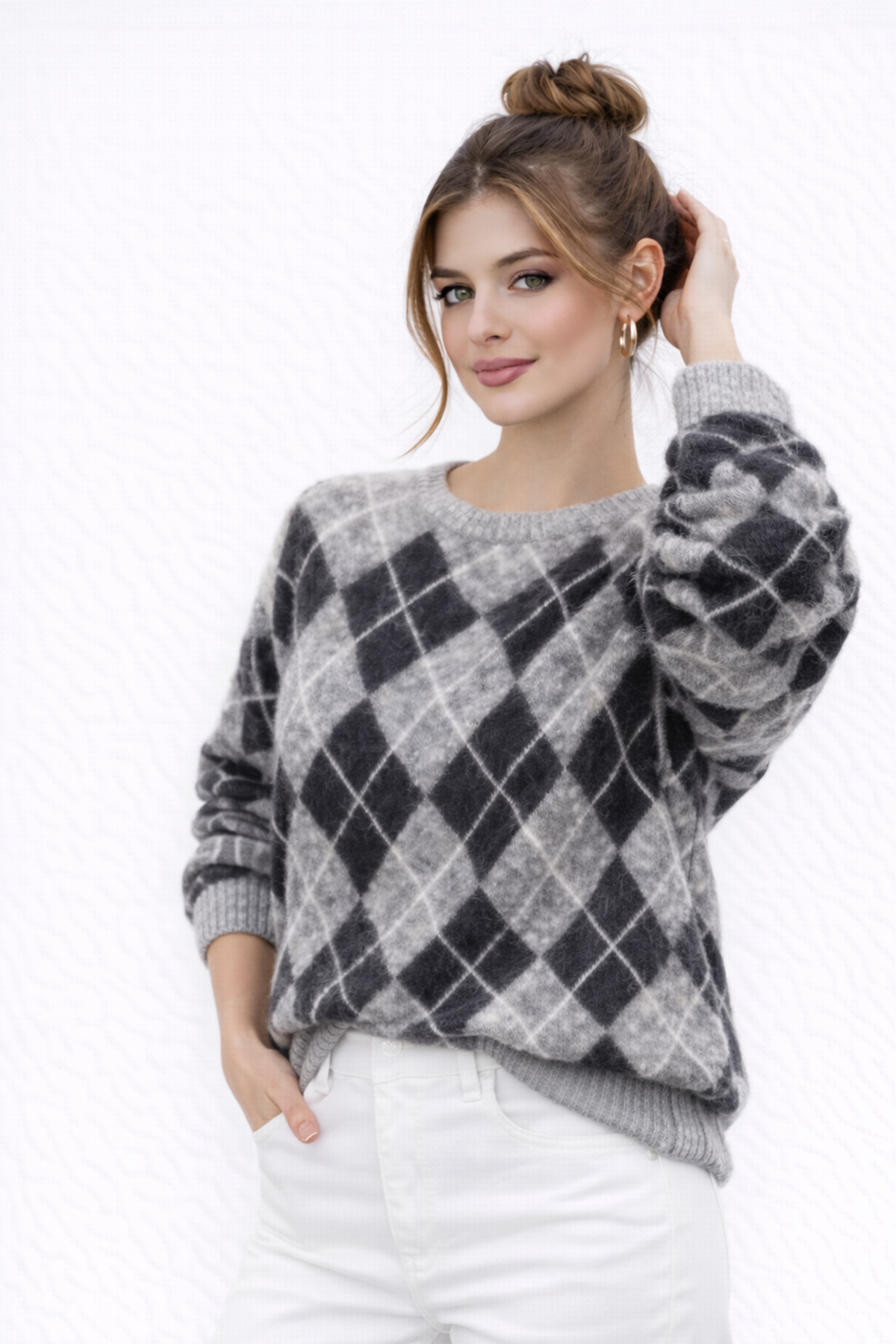 Kırlangıç Moda  Gri Siyah Baklava Desen Bisiklet Yaka Oversize Triko Kadın Kazak