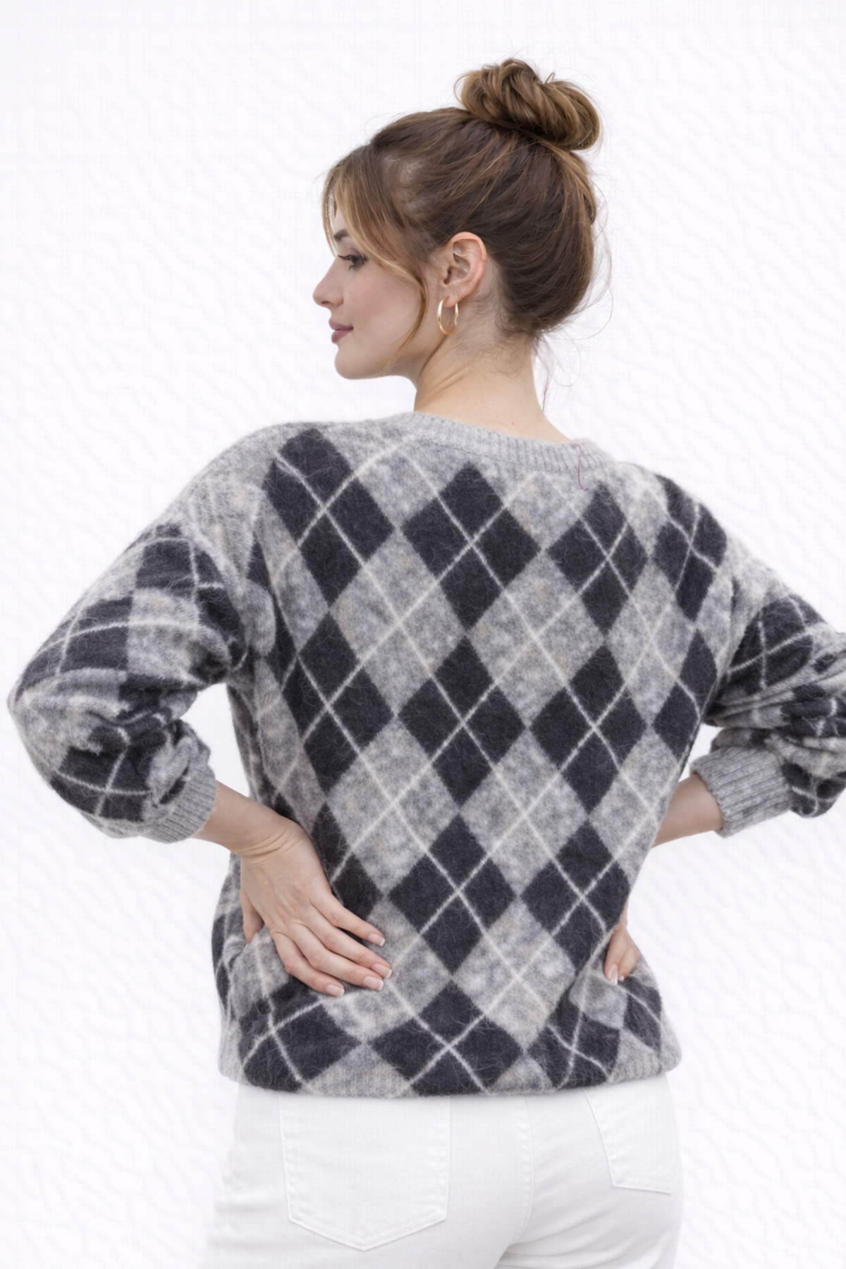 Kırlangıç Moda  Gri Siyah Baklava Desen Bisiklet Yaka Oversize Triko Kadın Kazak - Görsel 4