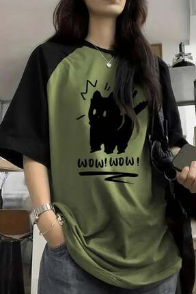 Karakedi Wow Black Cat Haki Siyah Kısa Kollu Y2K Unisex Tshirt