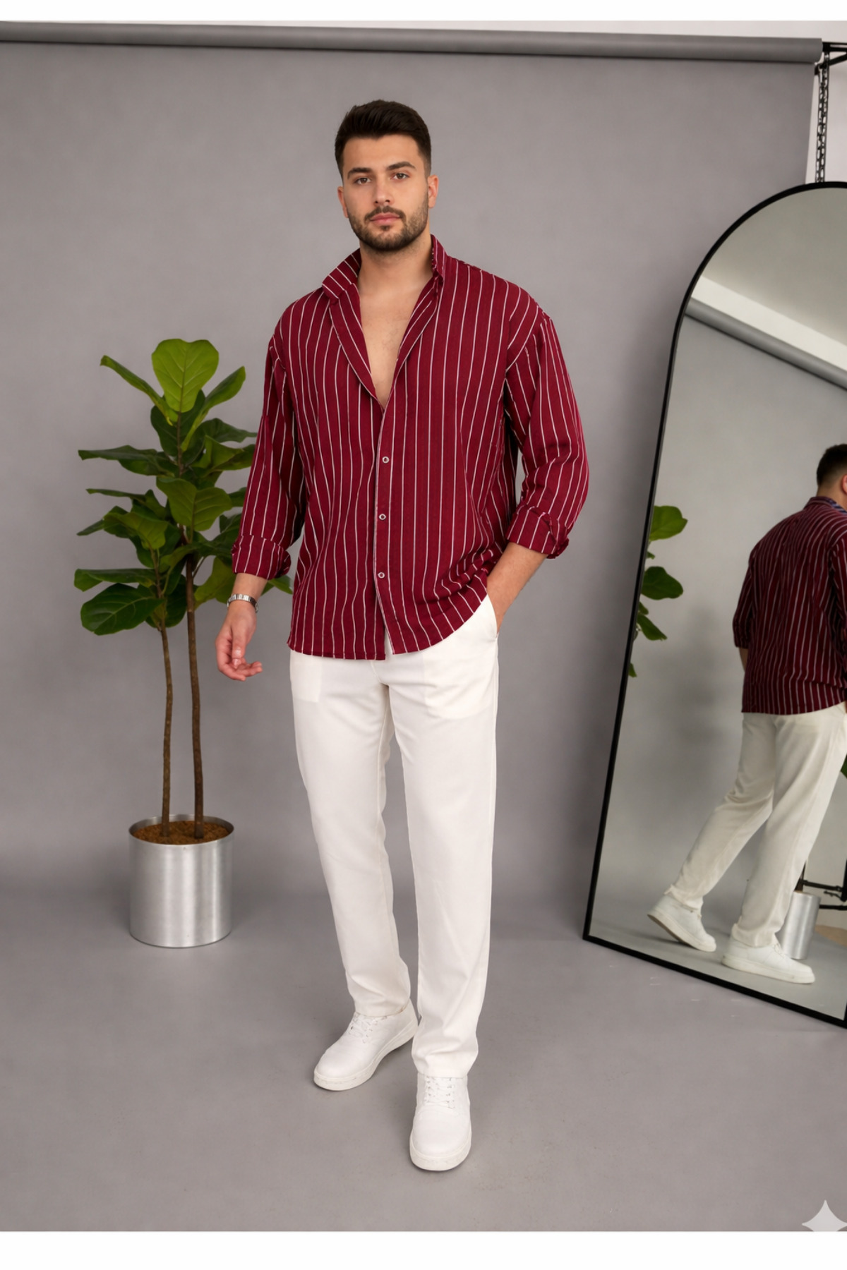 BLUE STREET  Erkek Bordo Beyaz İkili Çizgili Regular Relaxed Fit Uzun Kollu Gömlek - Görsel 2