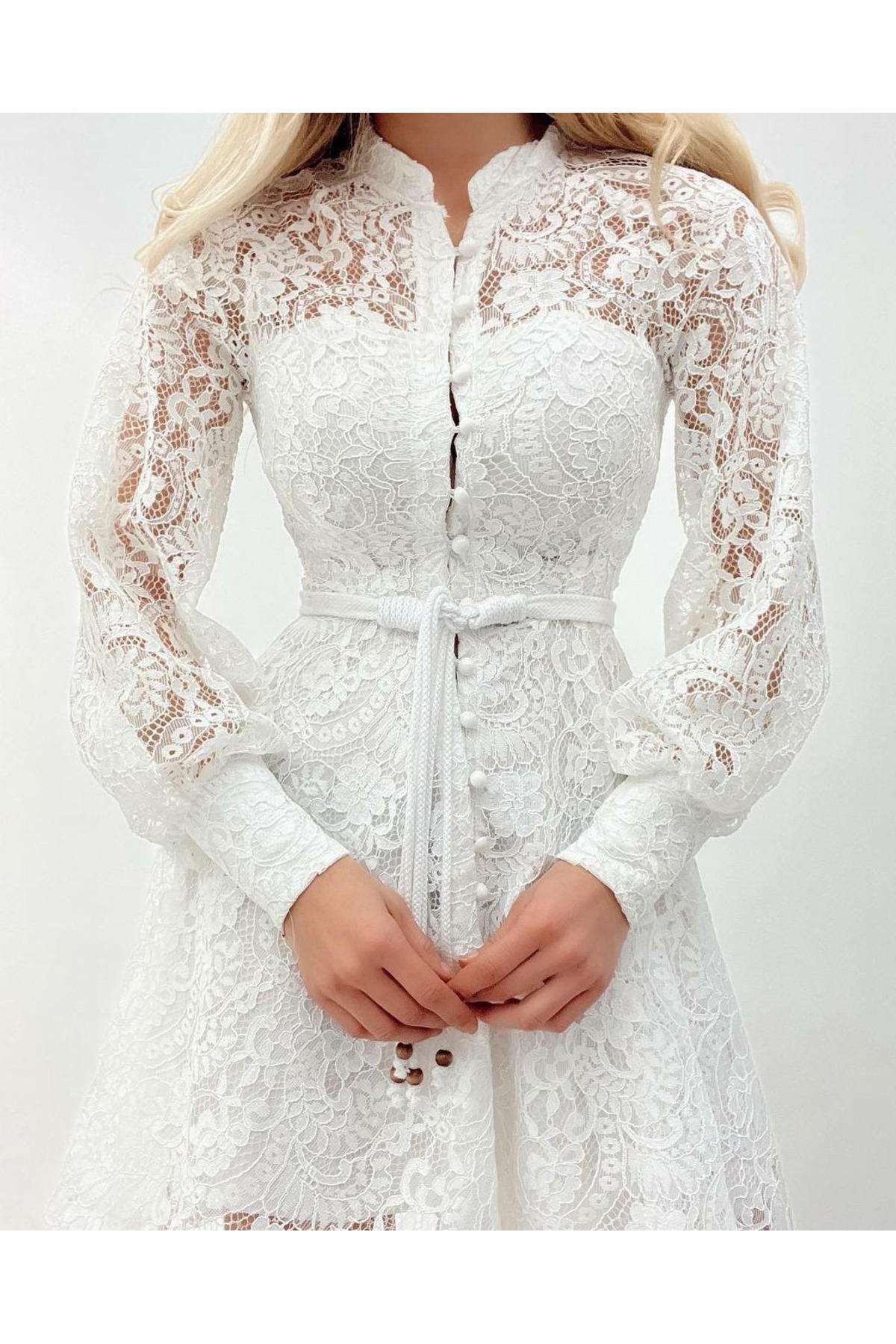 ahanora  Boydan düğmeli astarlı balon kol tül elbise - Görsel 3