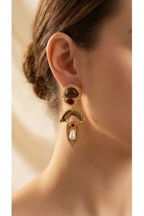 QUMLA KAHVERENGİ TAŞLI İNCİ DETAYLI RETRO SALLANTILI BOHEME KÜPE