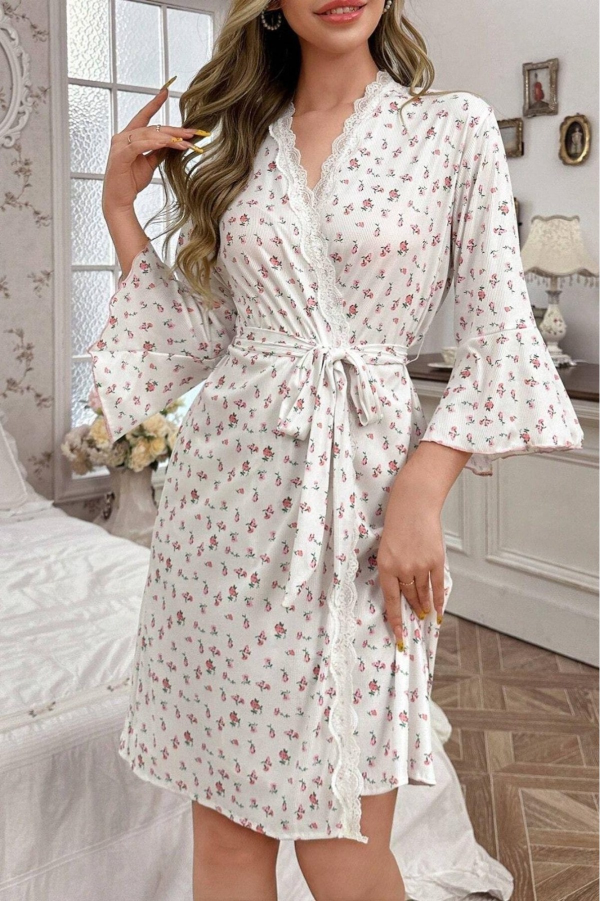 w white stars sports & wear Bella Notte Ekru Desenli Pamuklu Sabahlık 9661