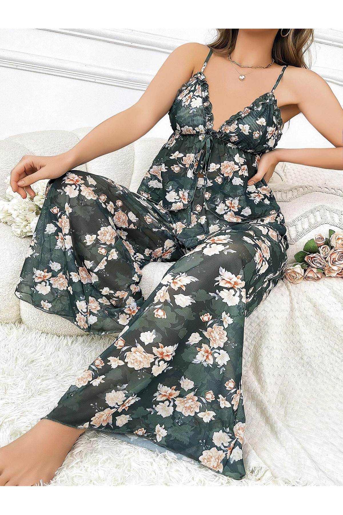 Aria's Closet Arias Closet Özel Tasarım Büyük Beden Çiçek Desenli Bol Kesim 2li Pijama Takımı